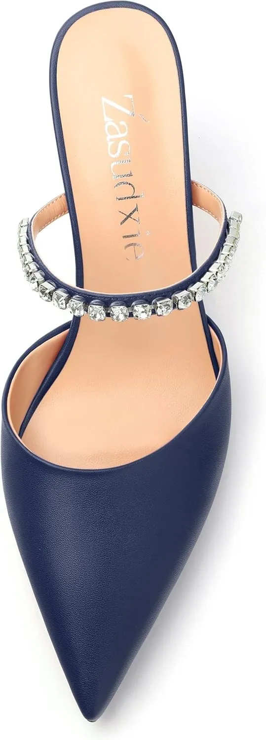 Women's Heeled Mules Rhinestone Strap Pointed Toe Pumps Stiletto Mid Heels Slip On Wedding Party Sandals for Women 2.5 Inch