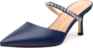 Women's Heeled Mules Rhinestone Strap Pointed Toe Pumps Stiletto Mid Heels Slip On Wedding Party Sandals for Women 2.5 Inch