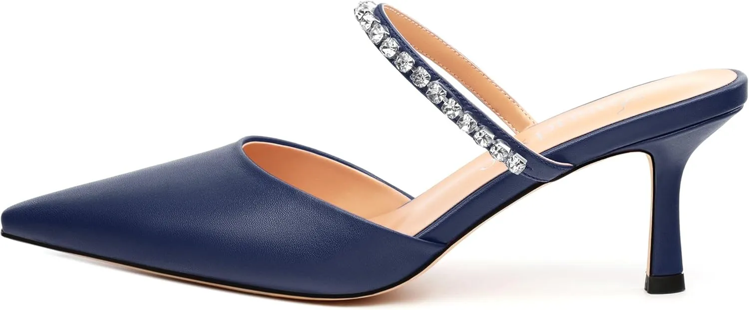 Women's Heeled Mules Rhinestone Strap Pointed Toe Pumps Stiletto Mid Heels Slip On Wedding Party Sandals for Women 2.5 Inch