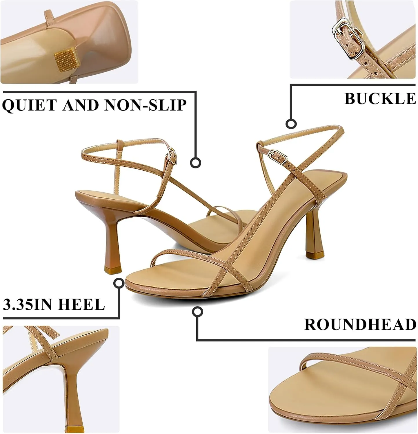 Women's Heeled Sandals Round Open Toe Strappy Slingback High Heels Ankle Strap Sandals