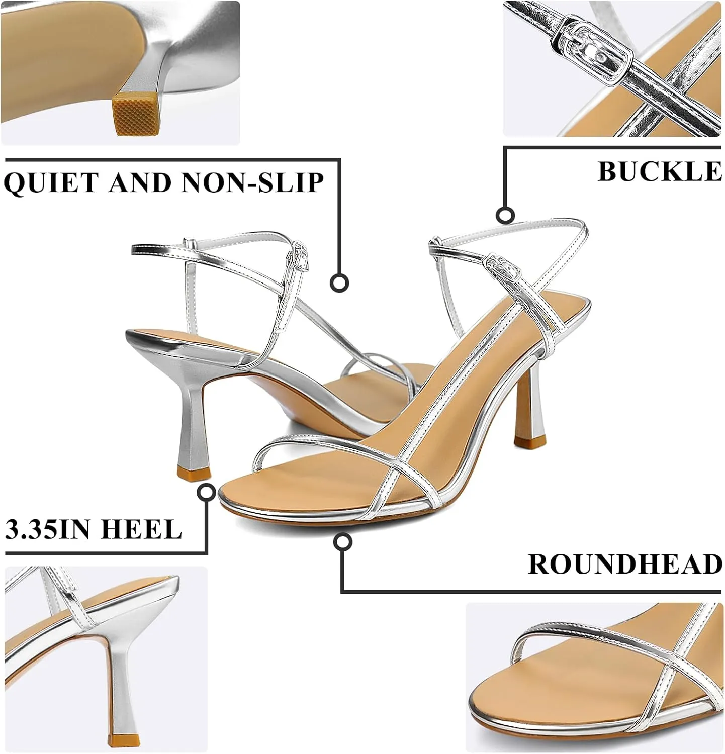 Women's Heeled Sandals Round Open Toe Strappy Slingback High Heels Ankle Strap Sandals