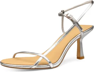 Women's Heeled Sandals Round Open Toe Strappy Slingback High Heels Ankle Strap Sandals
