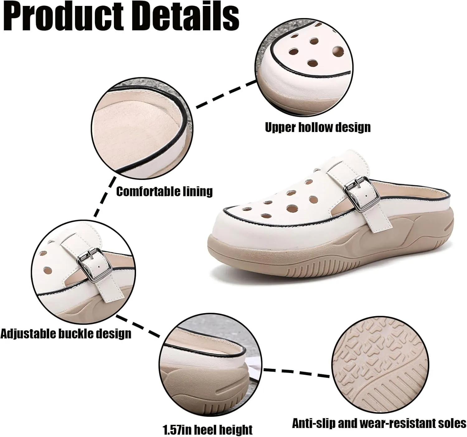 Women's Hollow Increase Height Platform Mules,Breathable Comfortable Closed Round Toe Slip On Summer Slipper with Adjustable Buckle Outdoor Beach Casual Walking Shoes