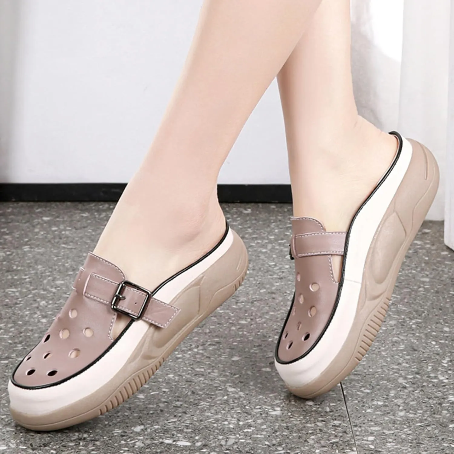 Women's Hollow Increase Height Platform Mules,Breathable Comfortable Closed Round Toe Slip On Summer Slipper with Adjustable Buckle Outdoor Beach Casual Walking Shoes