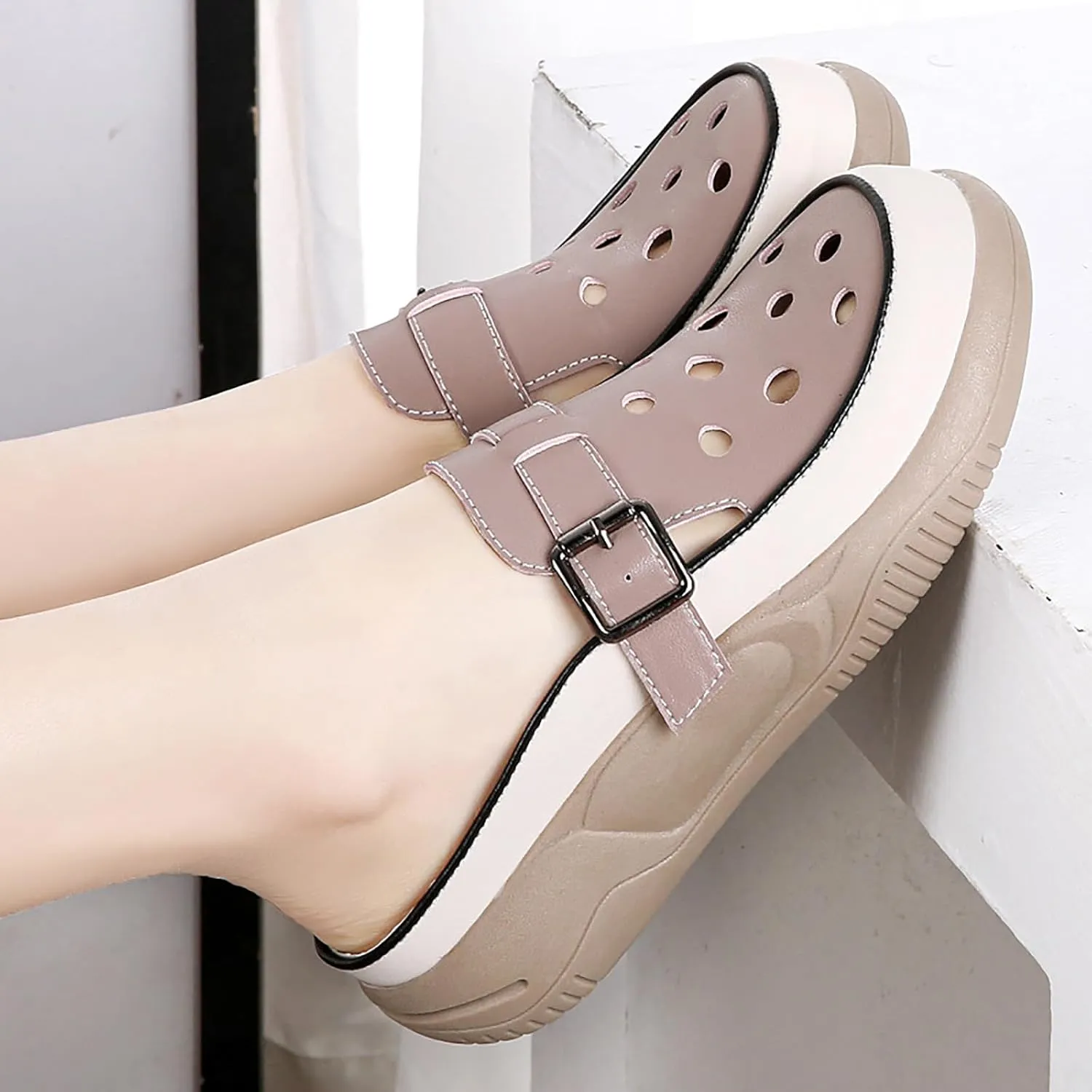 Women's Hollow Increase Height Platform Mules,Breathable Comfortable Closed Round Toe Slip On Summer Slipper with Adjustable Buckle Outdoor Beach Casual Walking Shoes