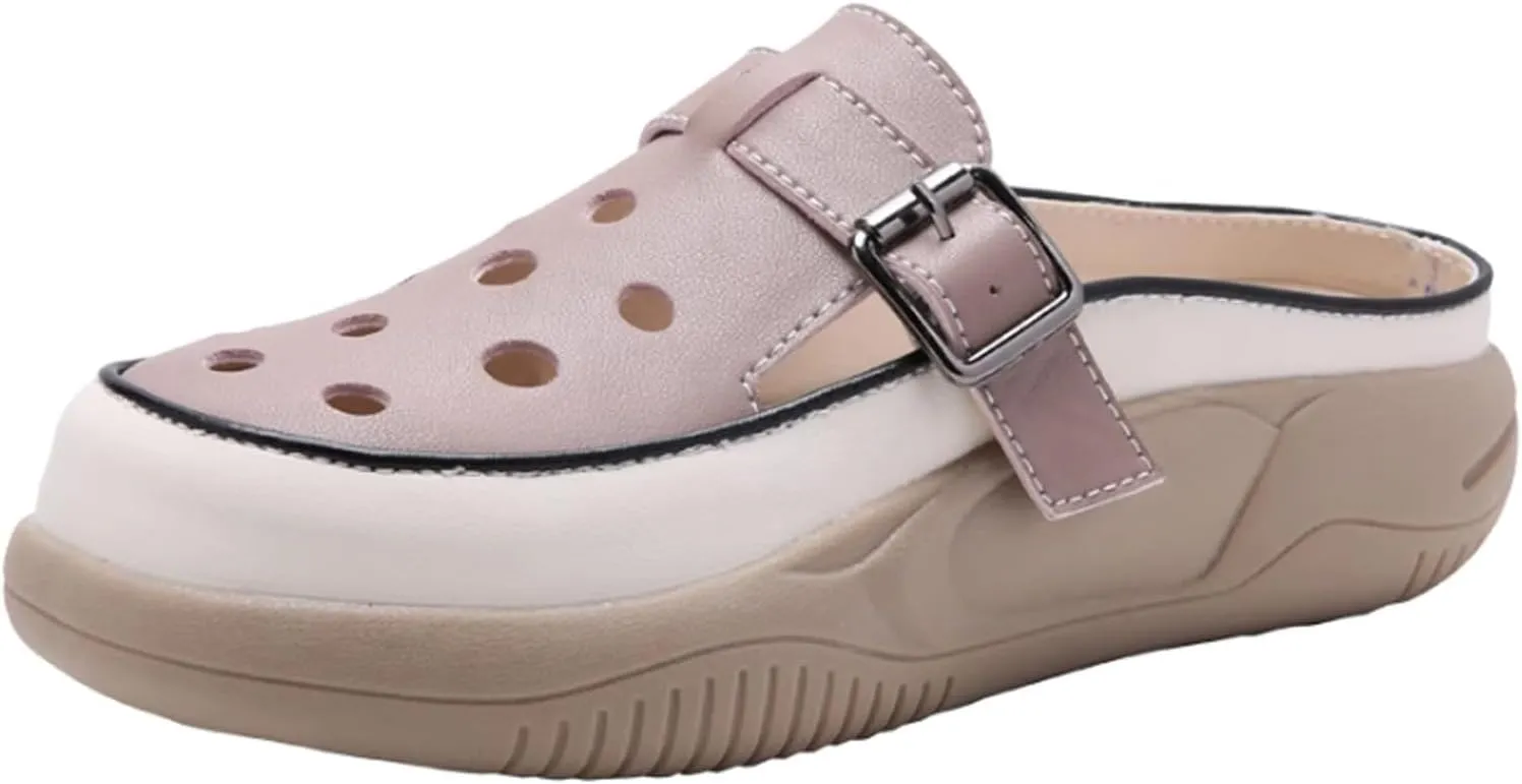 Women's Hollow Increase Height Platform Mules,Breathable Comfortable Closed Round Toe Slip On Summer Slipper with Adjustable Buckle Outdoor Beach Casual Walking Shoes