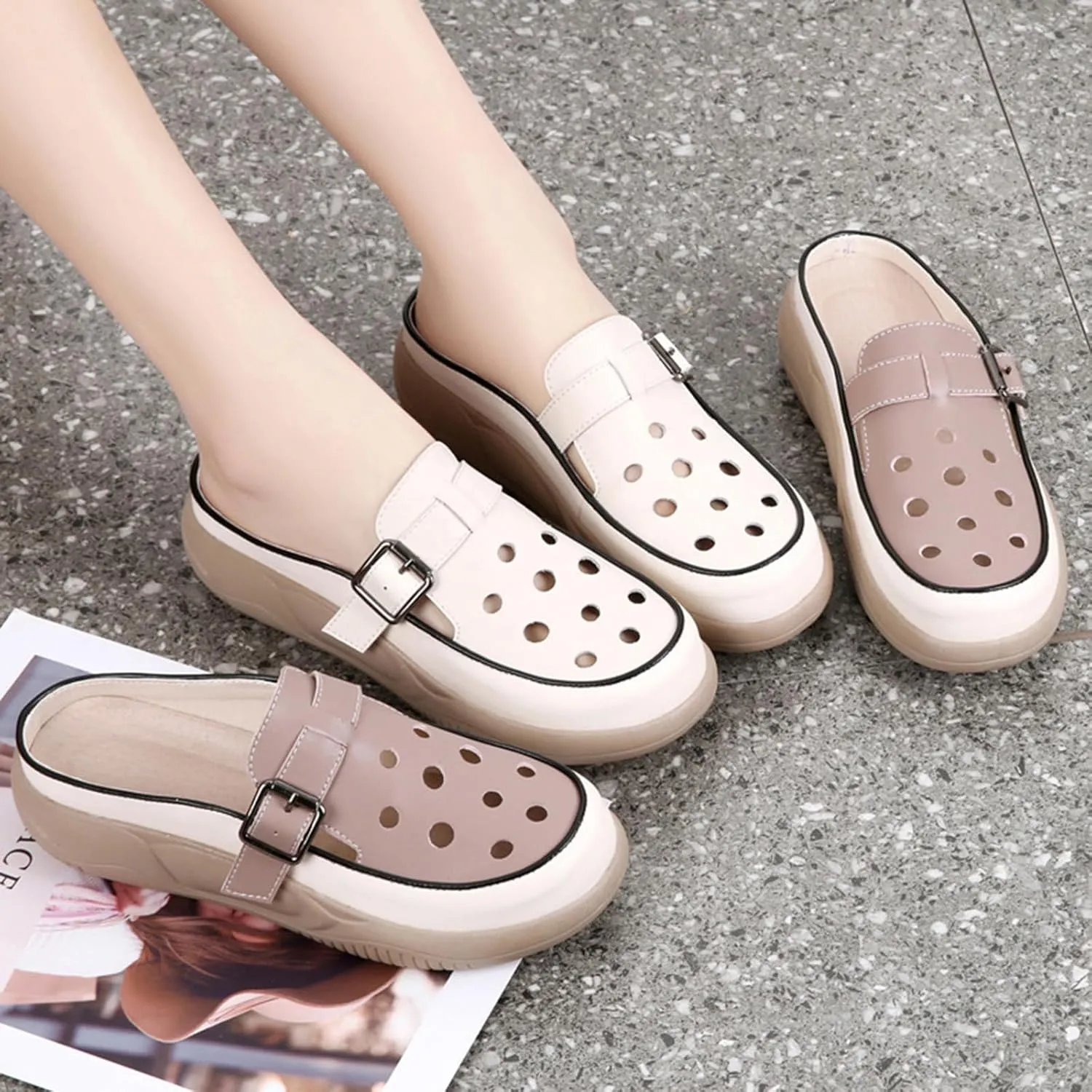 Women's Hollow Increase Height Platform Mules,Breathable Comfortable Closed Round Toe Slip On Summer Slipper with Adjustable Buckle Outdoor Beach Casual Walking Shoes