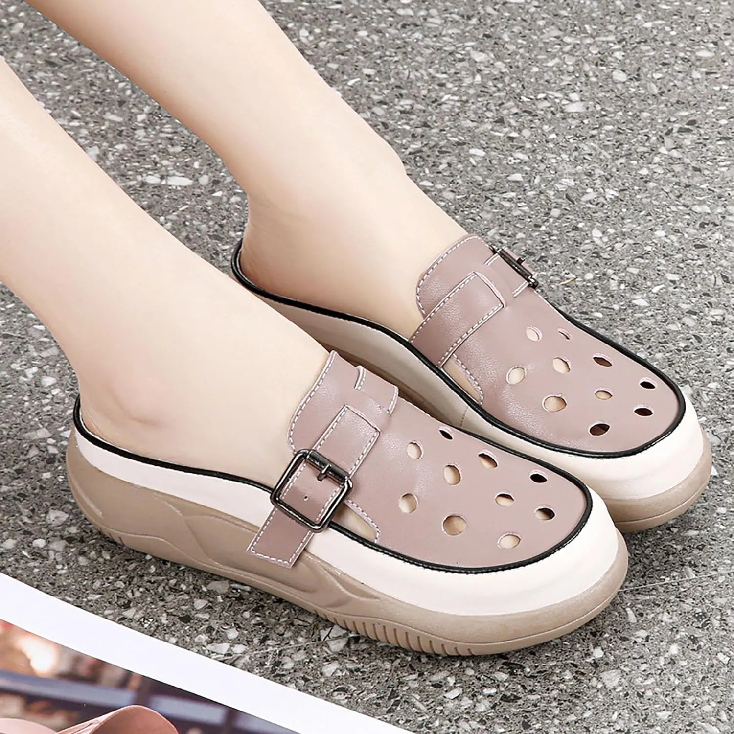 Women's Hollow Increase Height Platform Mules,Breathable Comfortable Closed Round Toe Slip On Summer Slipper with Adjustable Buckle Outdoor Beach Casual Walking Shoes