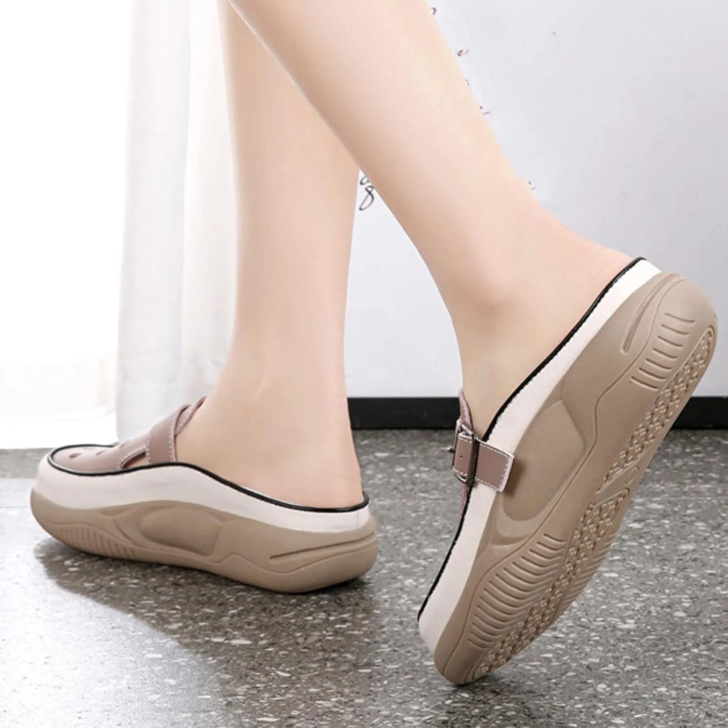 Women's Hollow Increase Height Platform Mules,Breathable Comfortable Closed Round Toe Slip On Summer Slipper with Adjustable Buckle Outdoor Beach Casual Walking Shoes