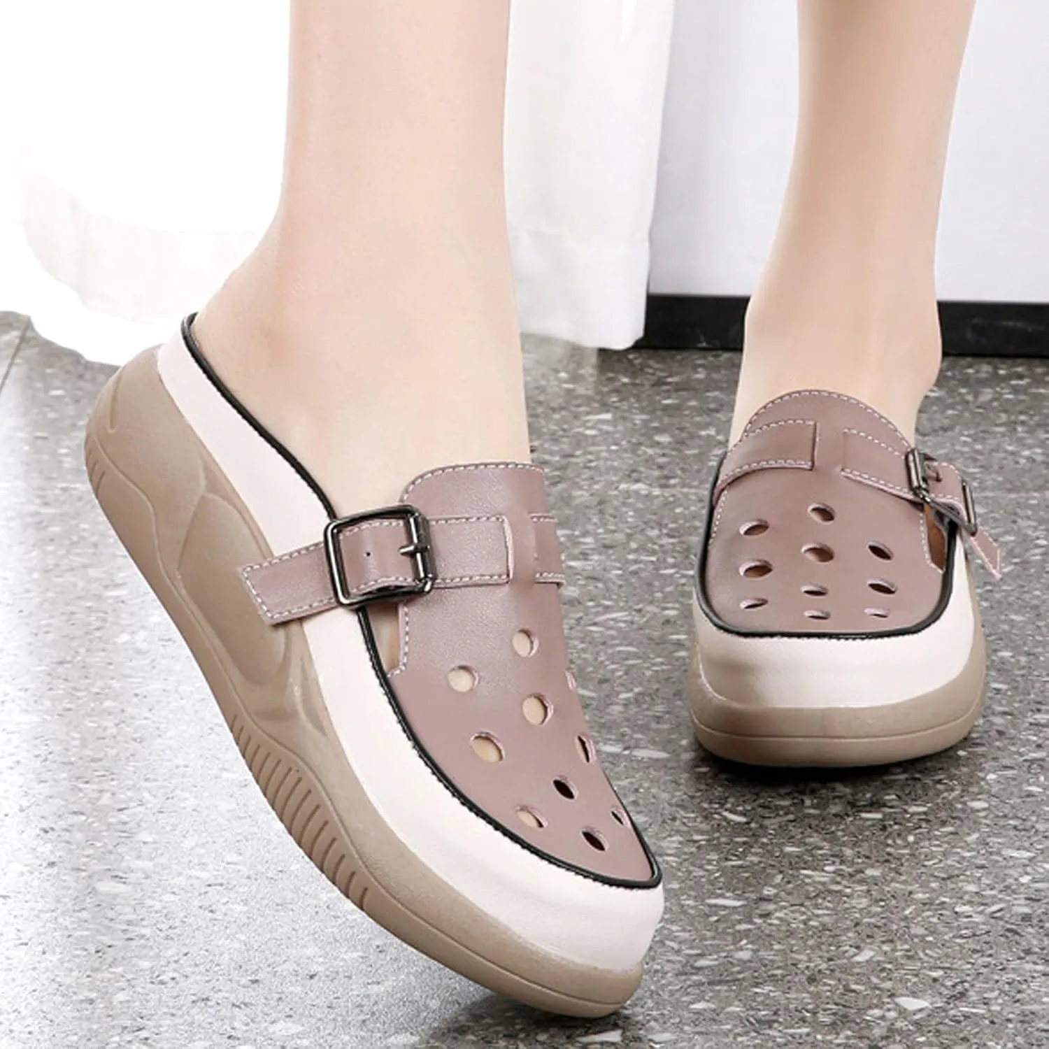 Women's Hollow Increase Height Platform Mules,Breathable Comfortable Closed Round Toe Slip On Summer Slipper with Adjustable Buckle Outdoor Beach Casual Walking Shoes