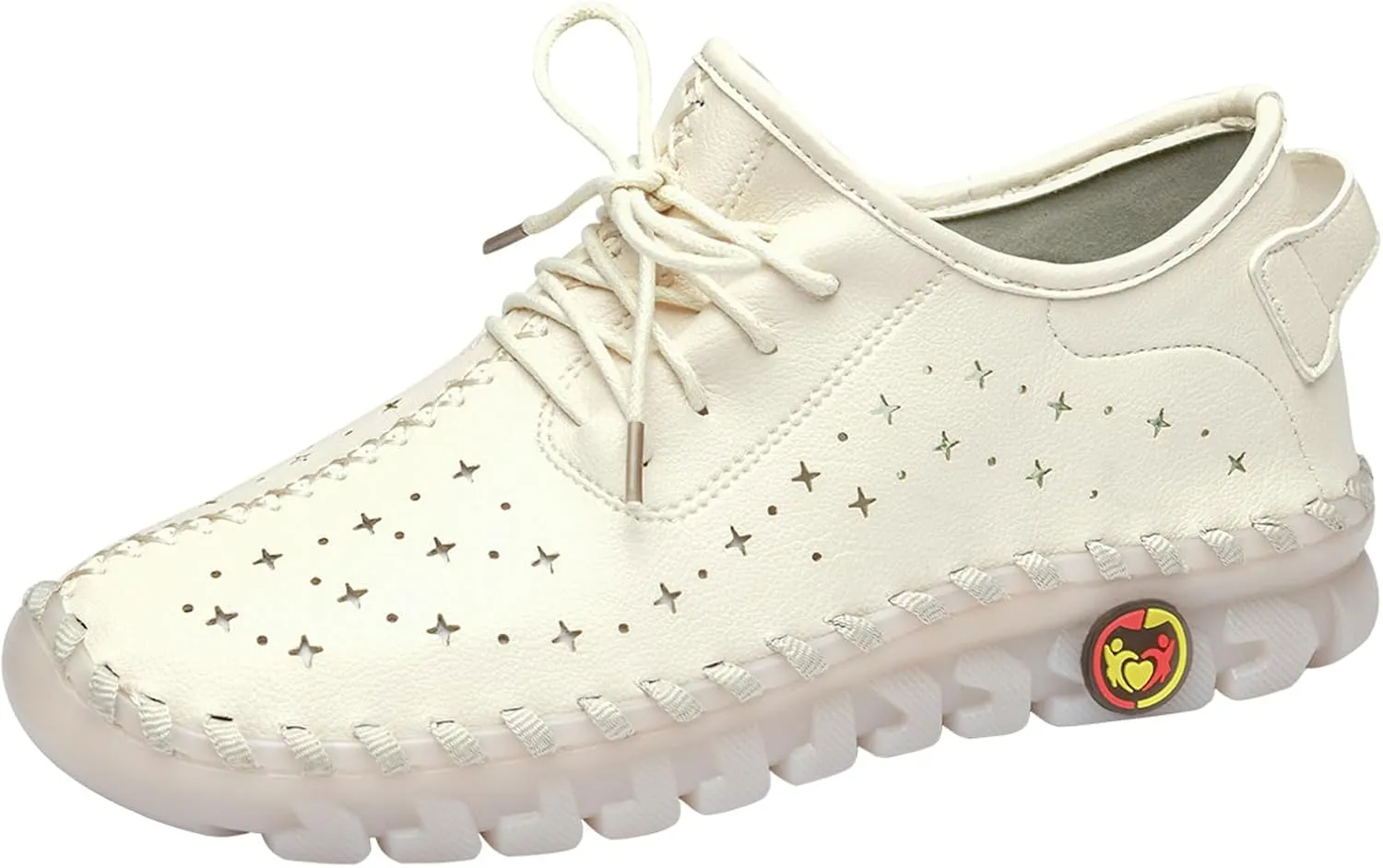 Women'S Hollow Leather Lace Up Flat Loafers,Lightweight Breathable Casual Comfort Non-Slip Walking Shoes Handmade Beef Tendon Soft Sole Mom Nurse Shoes
