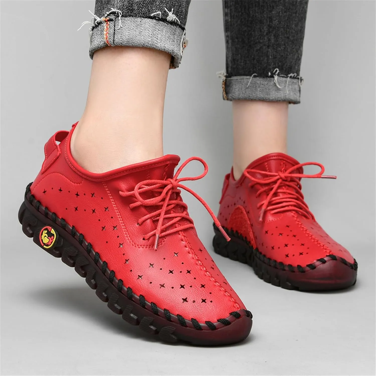 Women'S Hollow Leather Lace Up Flat Loafers,Lightweight Breathable Casual Comfort Non-Slip Walking Shoes Handmade Beef Tendon Soft Sole Mom Nurse Shoes