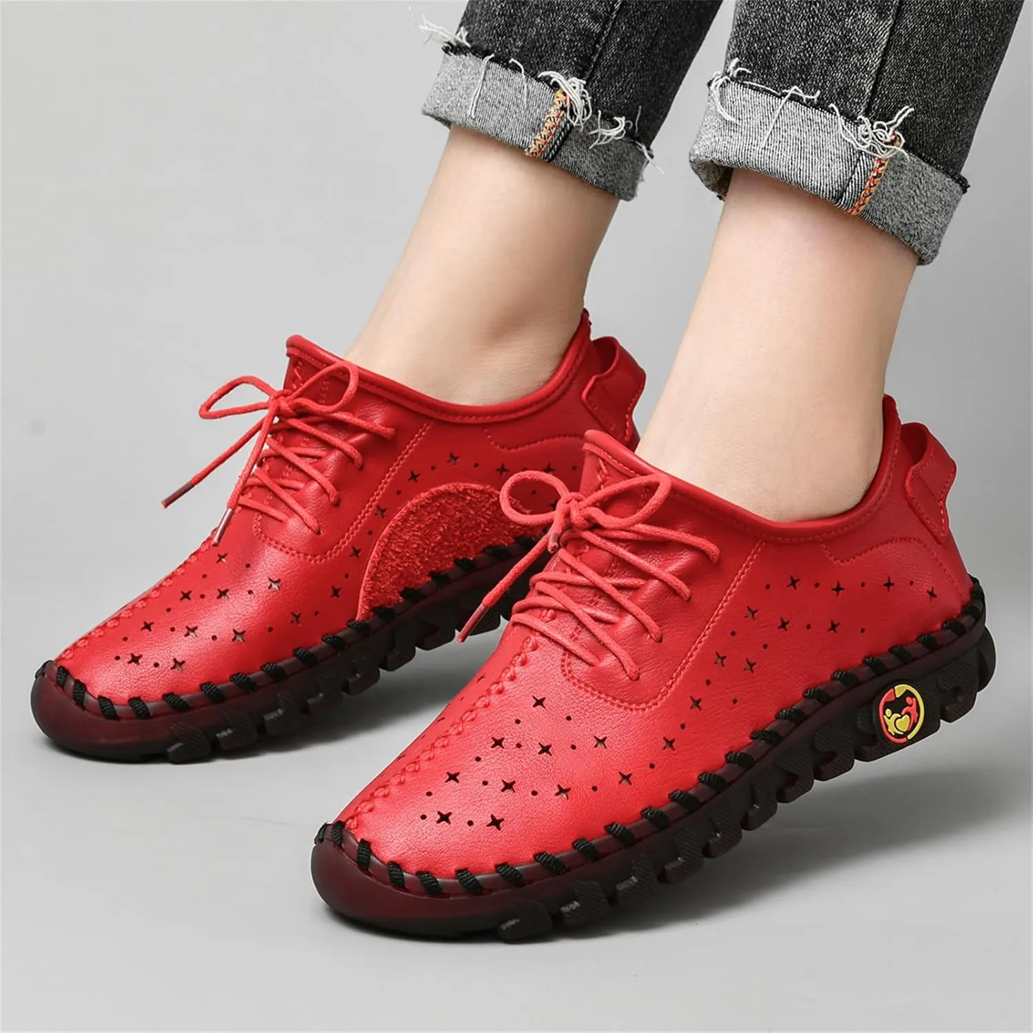 Women'S Hollow Leather Lace Up Flat Loafers,Lightweight Breathable Casual Comfort Non-Slip Walking Shoes Handmade Beef Tendon Soft Sole Mom Nurse Shoes