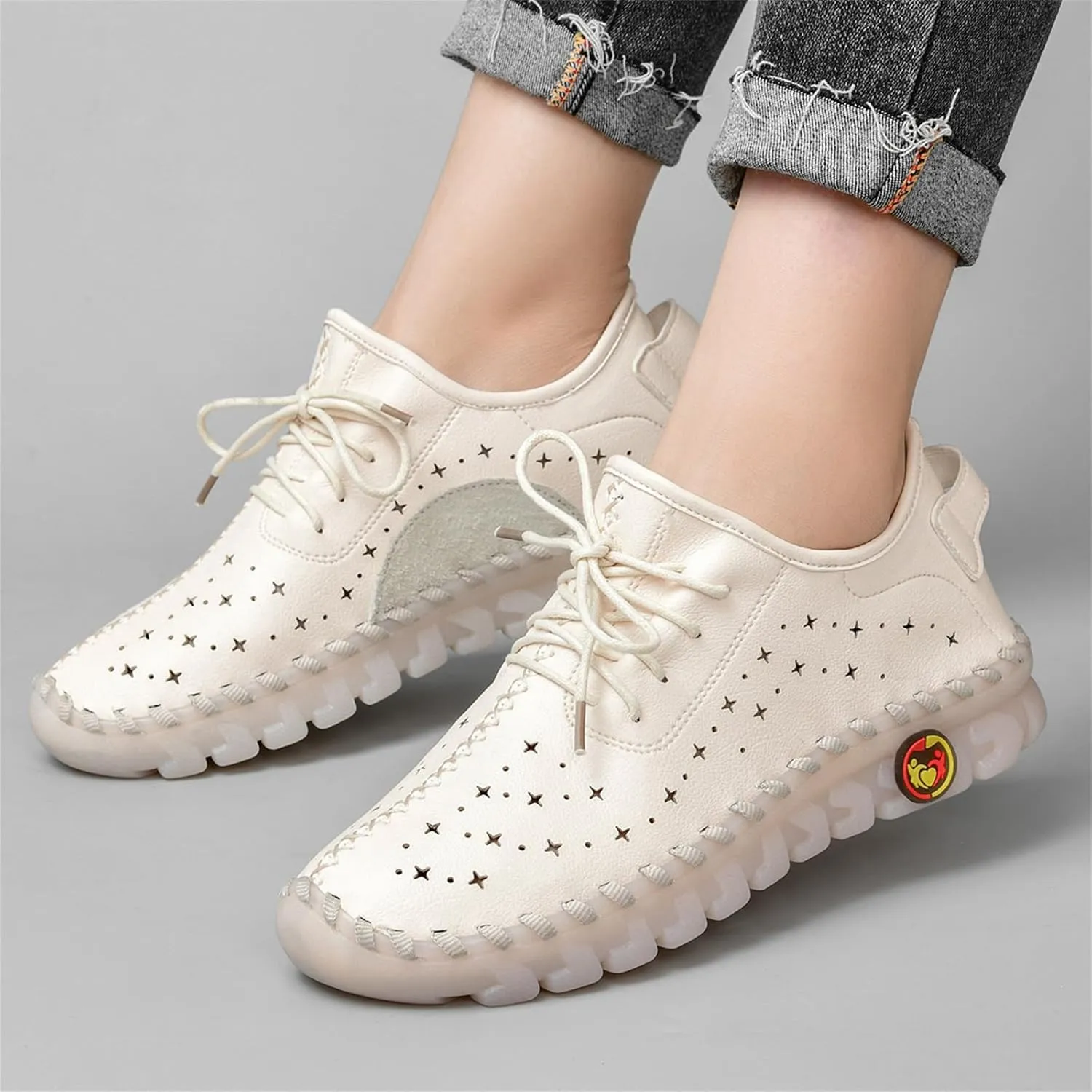 Women'S Hollow Leather Lace Up Flat Loafers,Lightweight Breathable Casual Comfort Non-Slip Walking Shoes Handmade Beef Tendon Soft Sole Mom Nurse Shoes