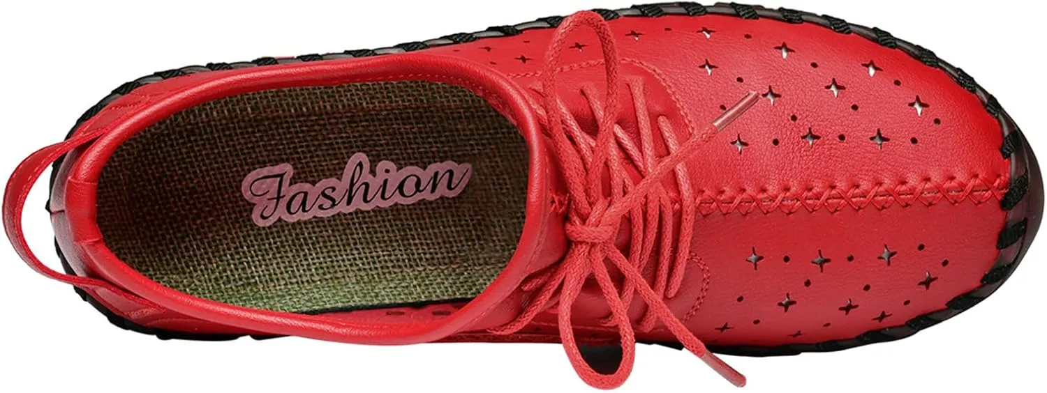 Women'S Hollow Leather Lace Up Flat Loafers,Lightweight Breathable Casual Comfort Non-Slip Walking Shoes Handmade Beef Tendon Soft Sole Mom Nurse Shoes