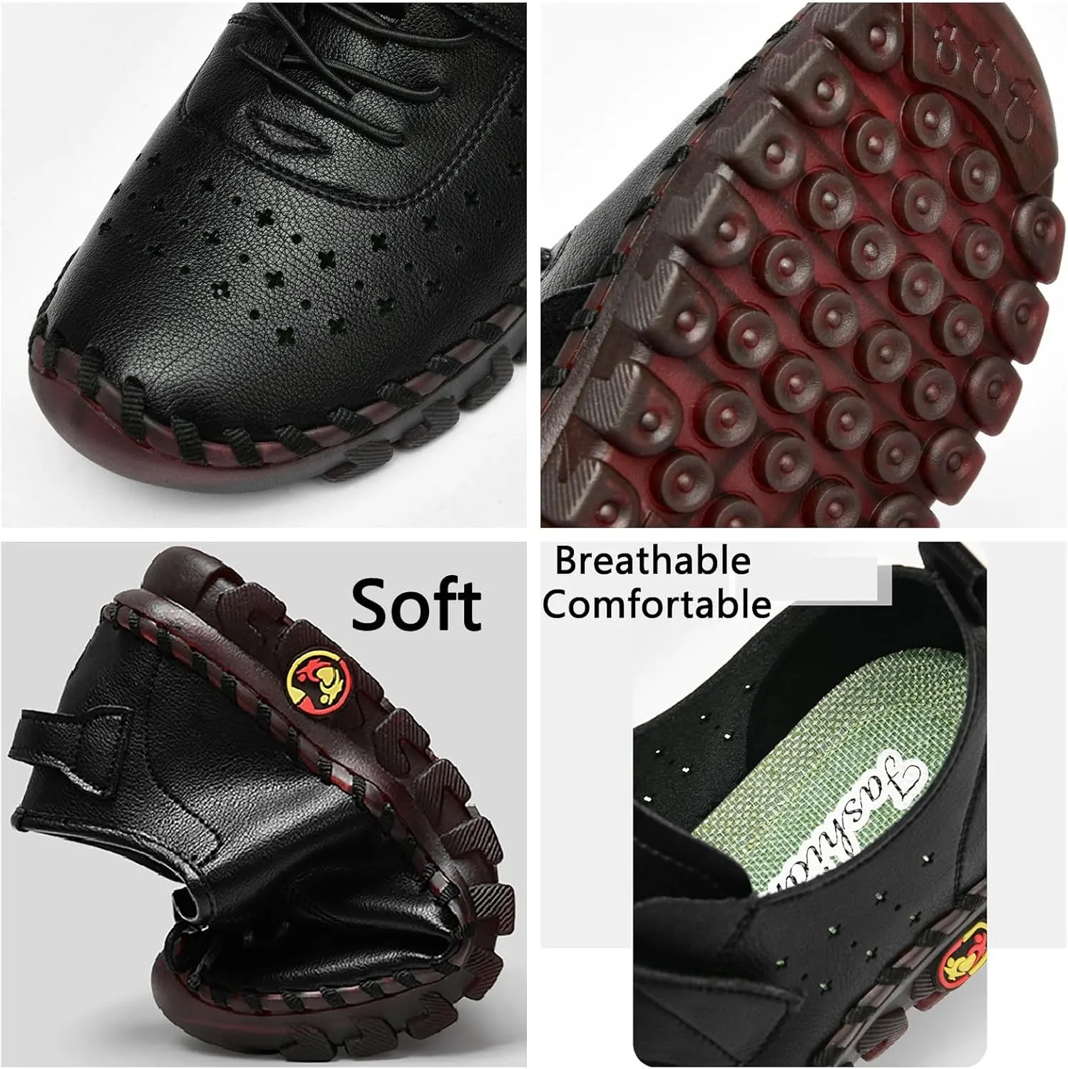 Women'S Hollow Leather Lace Up Flat Loafers,Lightweight Breathable Casual Comfort Non-Slip Walking Shoes Handmade Beef Tendon Soft Sole Mom Nurse Shoes