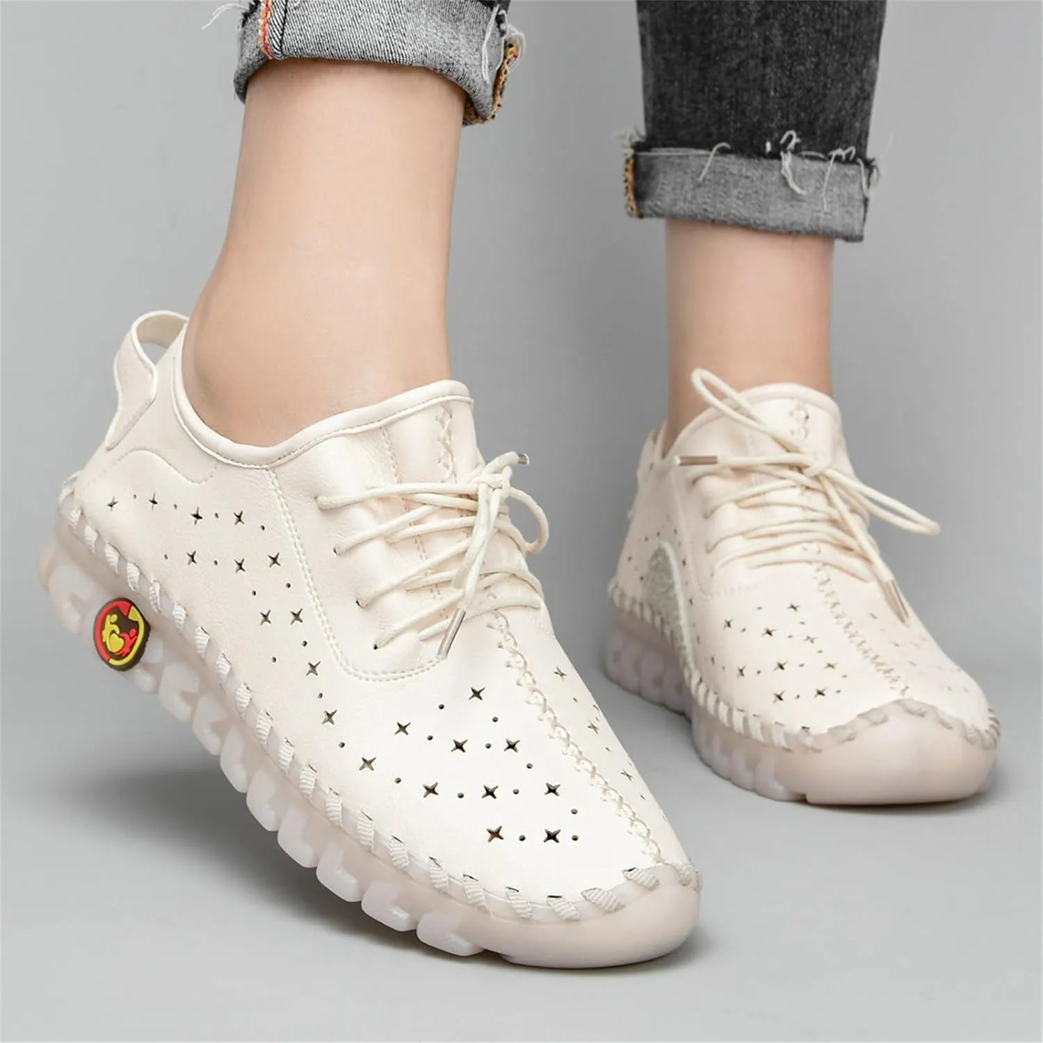 Women'S Hollow Leather Lace Up Flat Loafers,Lightweight Breathable Casual Comfort Non-Slip Walking Shoes Handmade Beef Tendon Soft Sole Mom Nurse Shoes