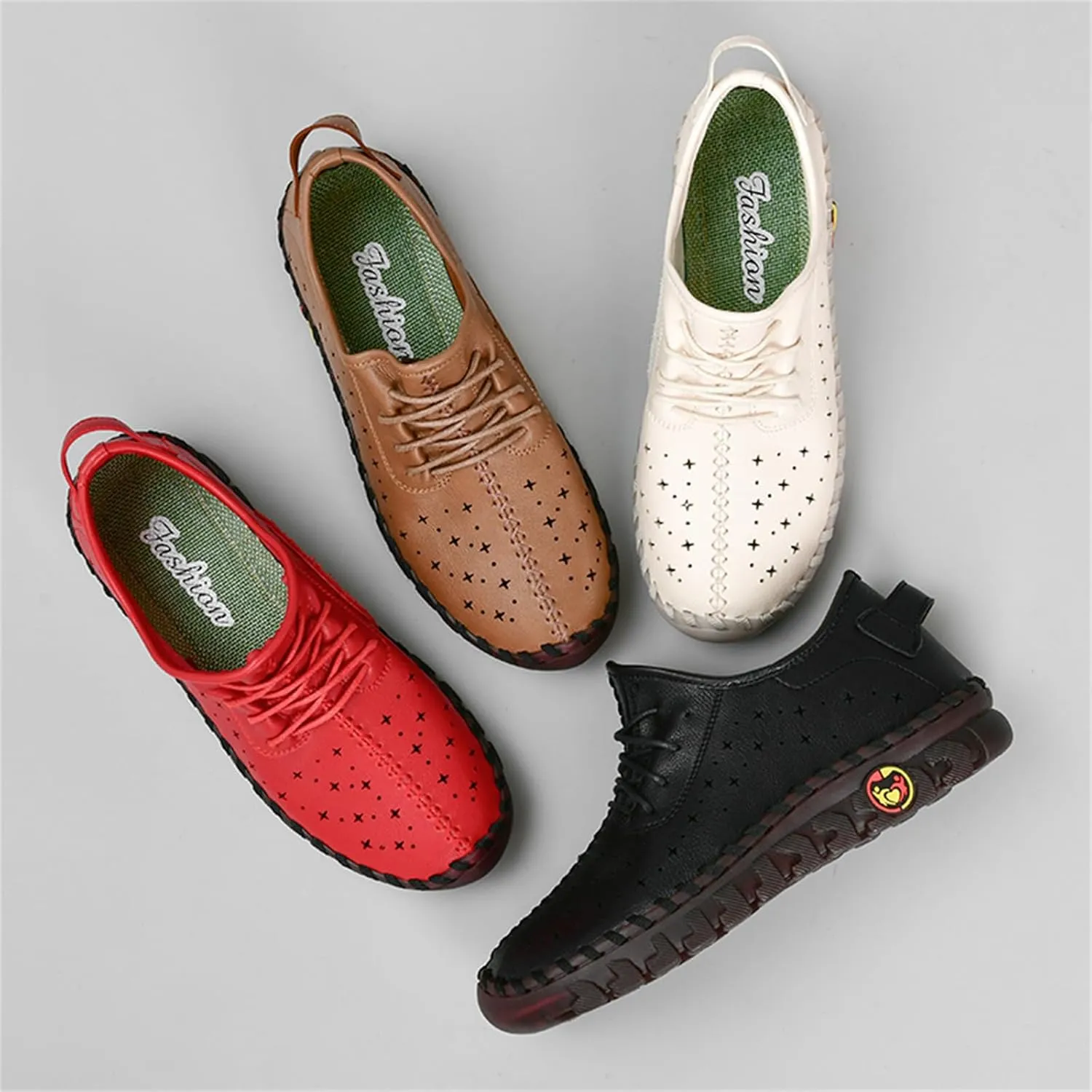 Women'S Hollow Leather Lace Up Flat Loafers,Lightweight Breathable Casual Comfort Non-Slip Walking Shoes Handmade Beef Tendon Soft Sole Mom Nurse Shoes