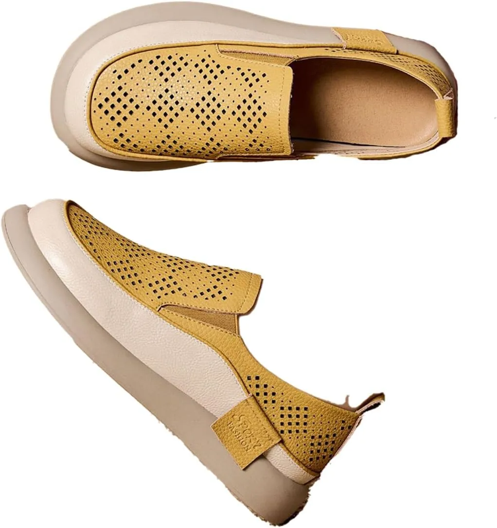 Women's Hollow Platform Wedge Leather Loafers,Summer Comfortable Slip On Breathable Orthopedic Sneakers Fashion Walking Penny Shoes