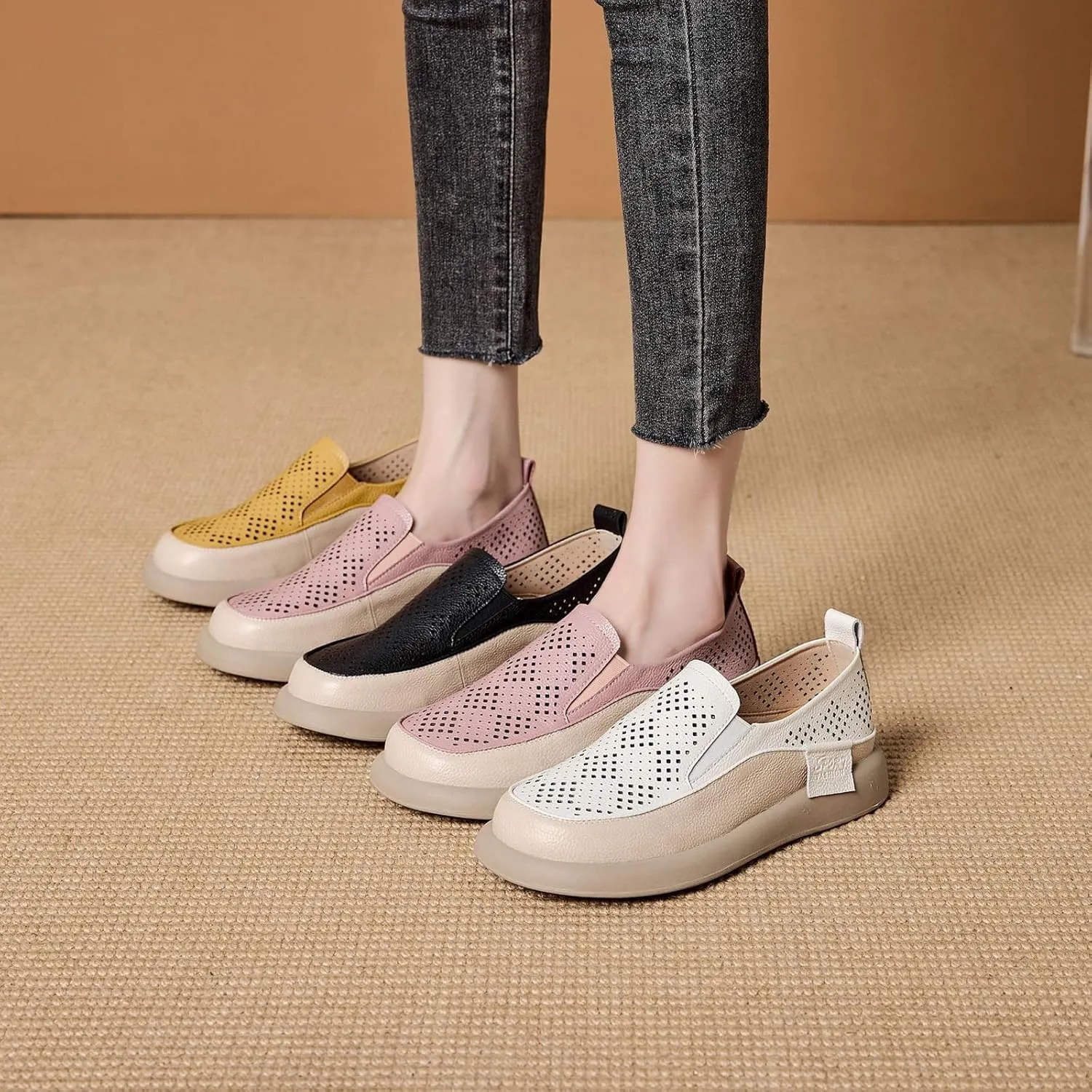 Women's Hollow Platform Wedge Leather Loafers,Summer Comfortable Slip On Breathable Orthopedic Sneakers Fashion Walking Penny Shoes