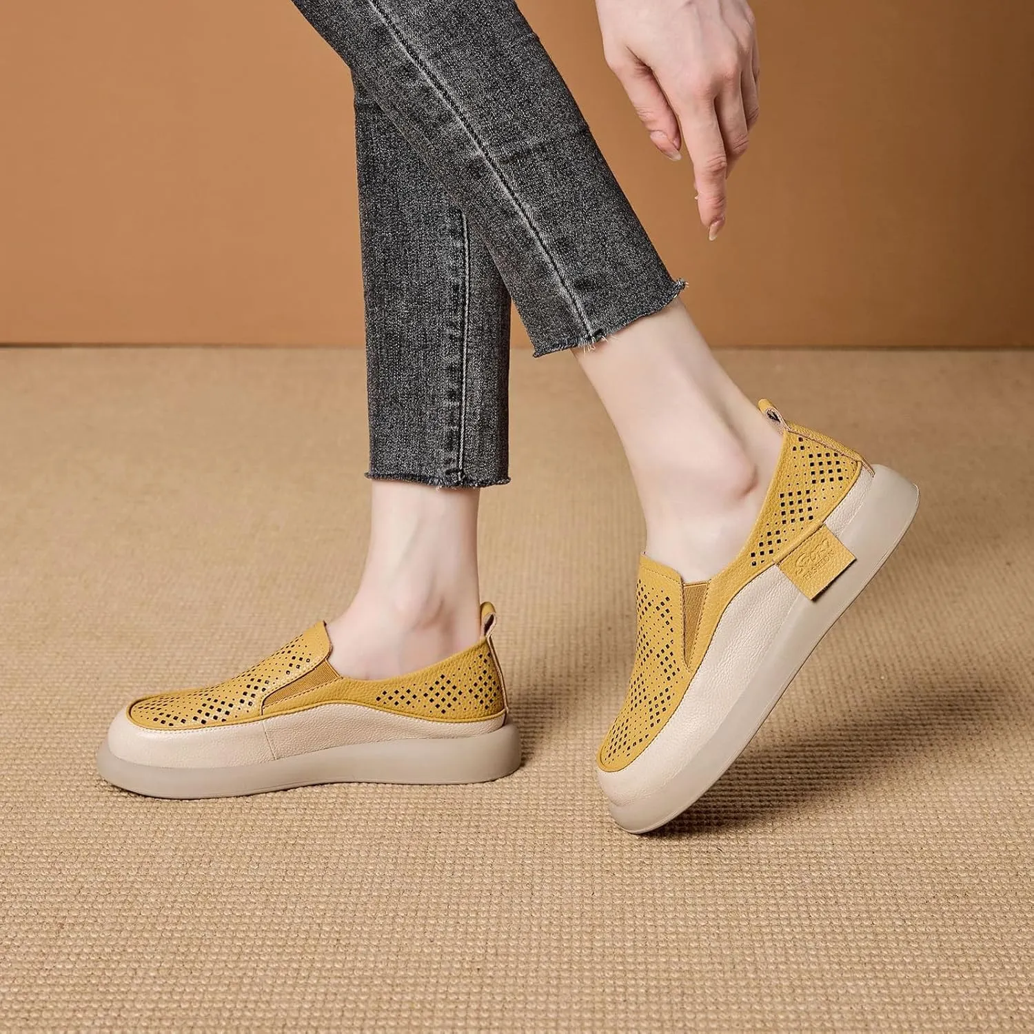 Women's Hollow Platform Wedge Leather Loafers,Summer Comfortable Slip On Breathable Orthopedic Sneakers Fashion Walking Penny Shoes