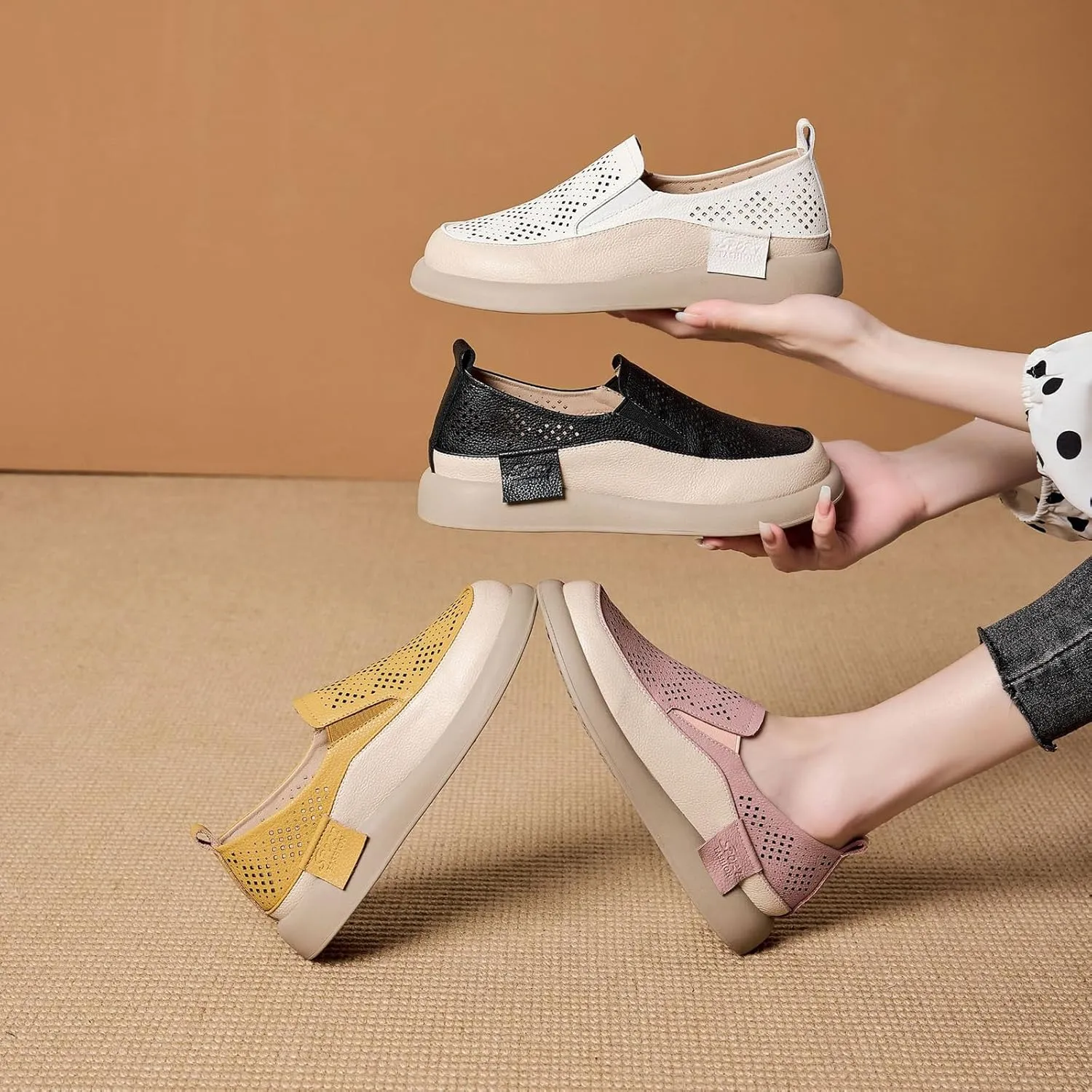 Women's Hollow Platform Wedge Leather Loafers,Summer Comfortable Slip On Breathable Orthopedic Sneakers Fashion Walking Penny Shoes