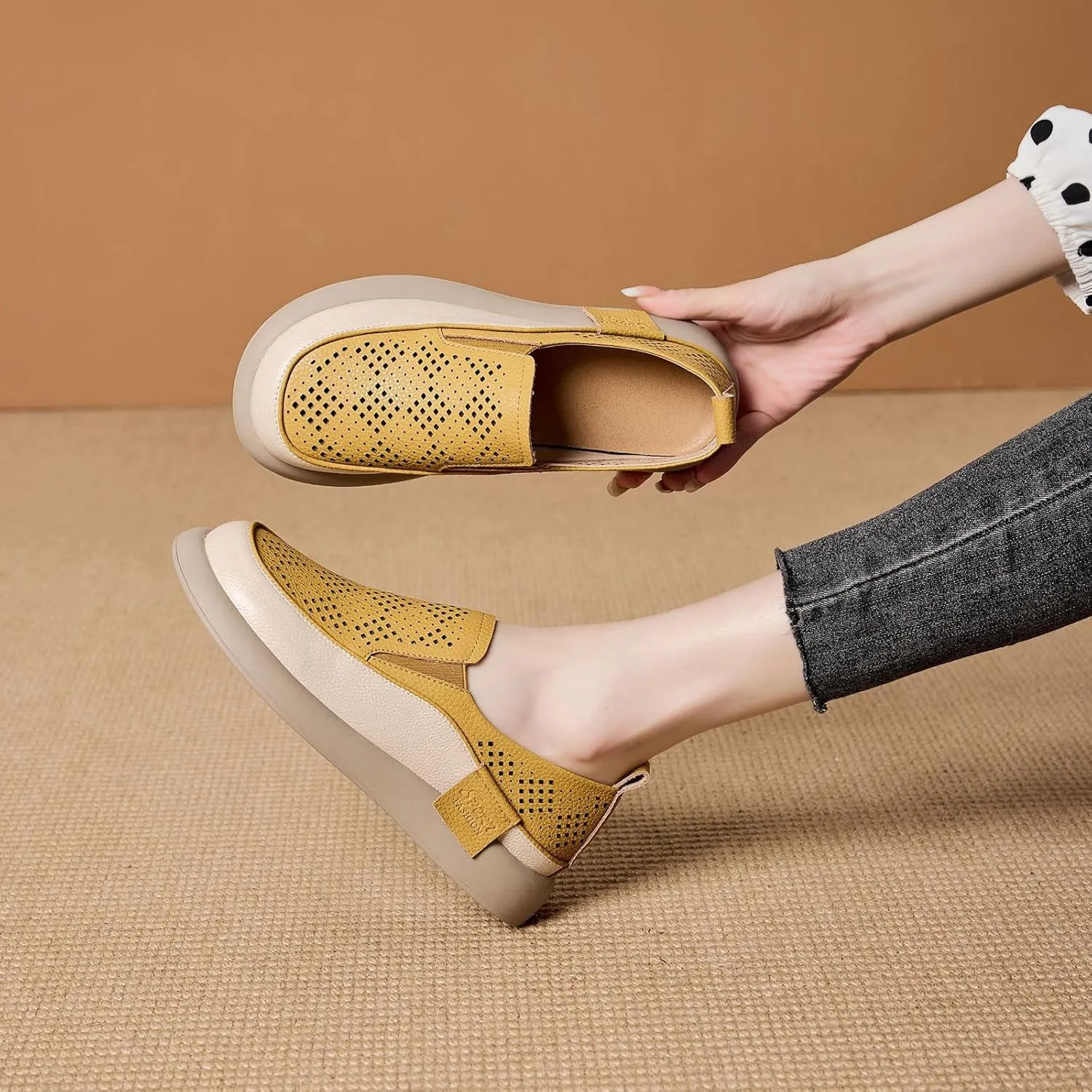 Women's Hollow Platform Wedge Leather Loafers,Summer Comfortable Slip On Breathable Orthopedic Sneakers Fashion Walking Penny Shoes