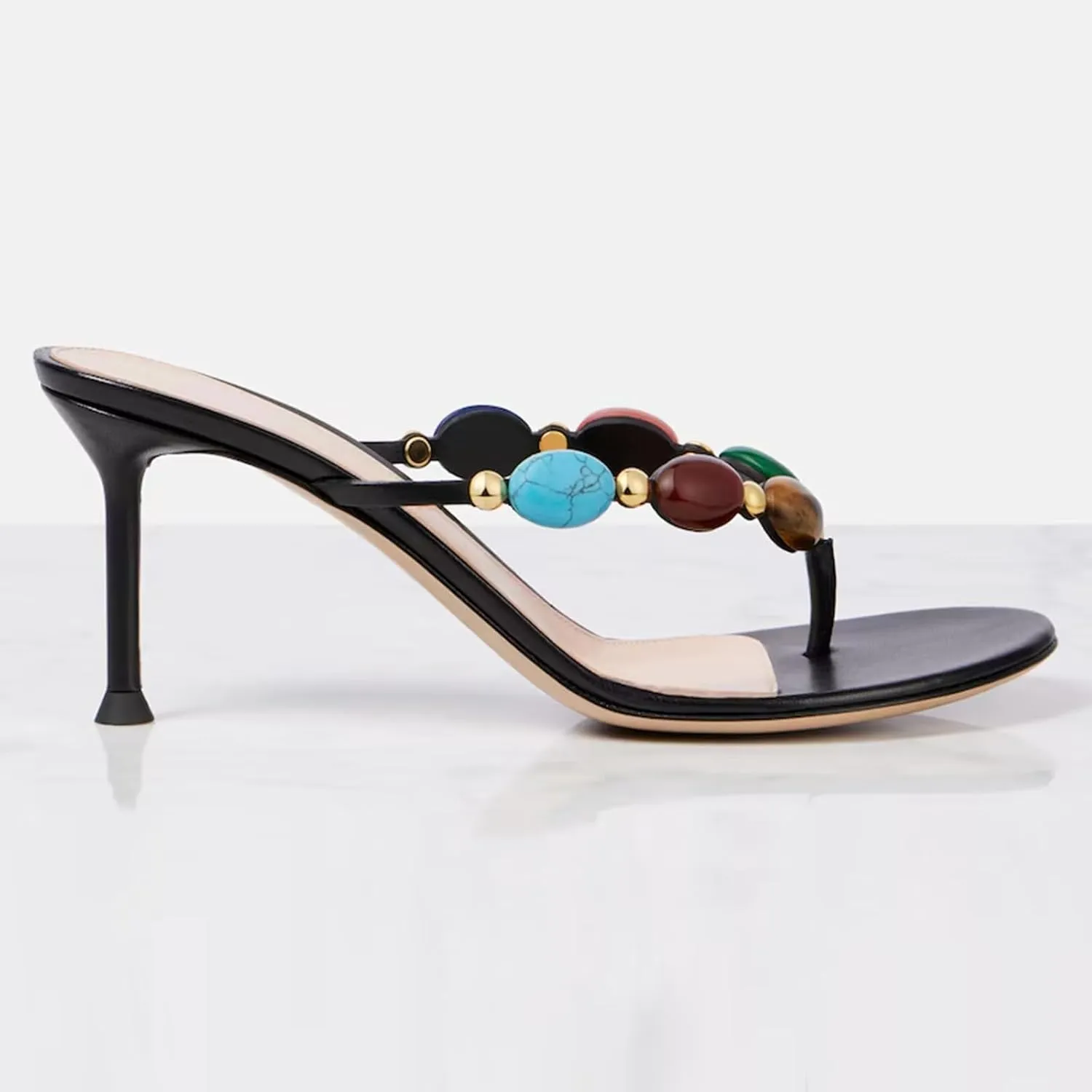 Women's Jewelled Thong Strappy Sandal Summer Mules Kitten Heels Flip Flop Round Open Toe Mid Heels Fashion Wedding Party Dress Thong Casual Shoes