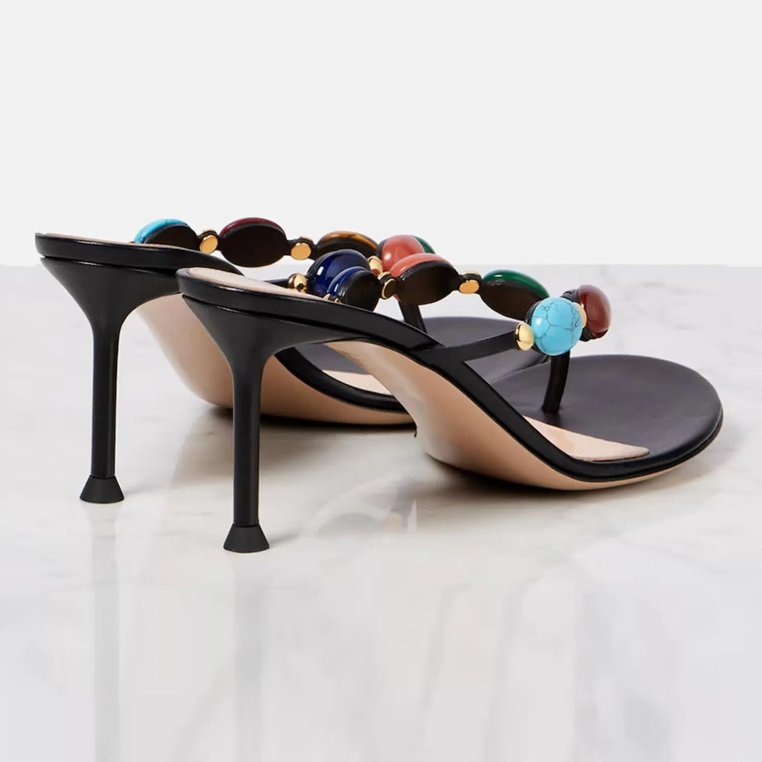 Women's Jewelled Thong Strappy Sandal Summer Mules Kitten Heels Flip Flop Round Open Toe Mid Heels Fashion Wedding Party Dress Thong Casual Shoes