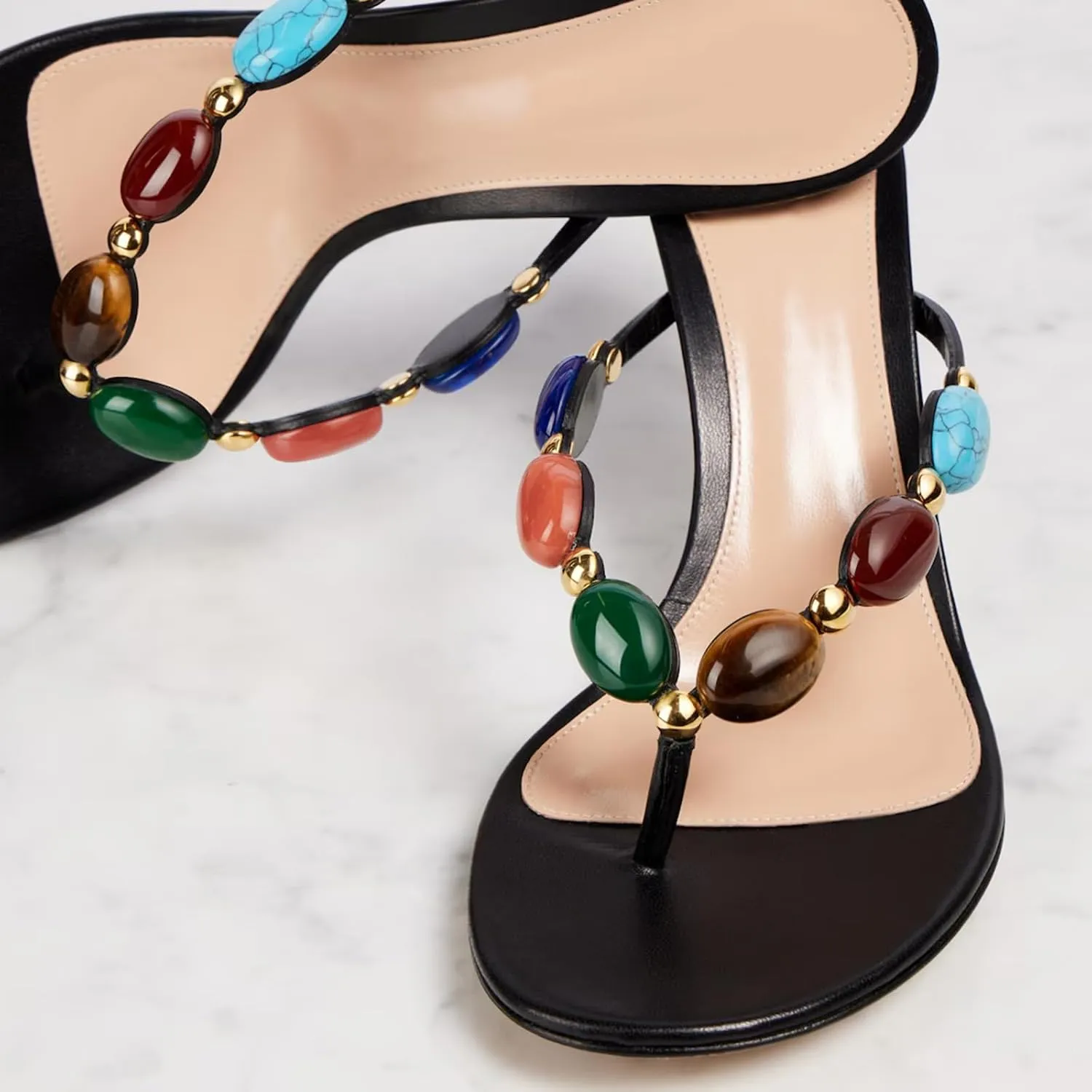 Women's Jewelled Thong Strappy Sandal Summer Mules Kitten Heels Flip Flop Round Open Toe Mid Heels Fashion Wedding Party Dress Thong Casual Shoes