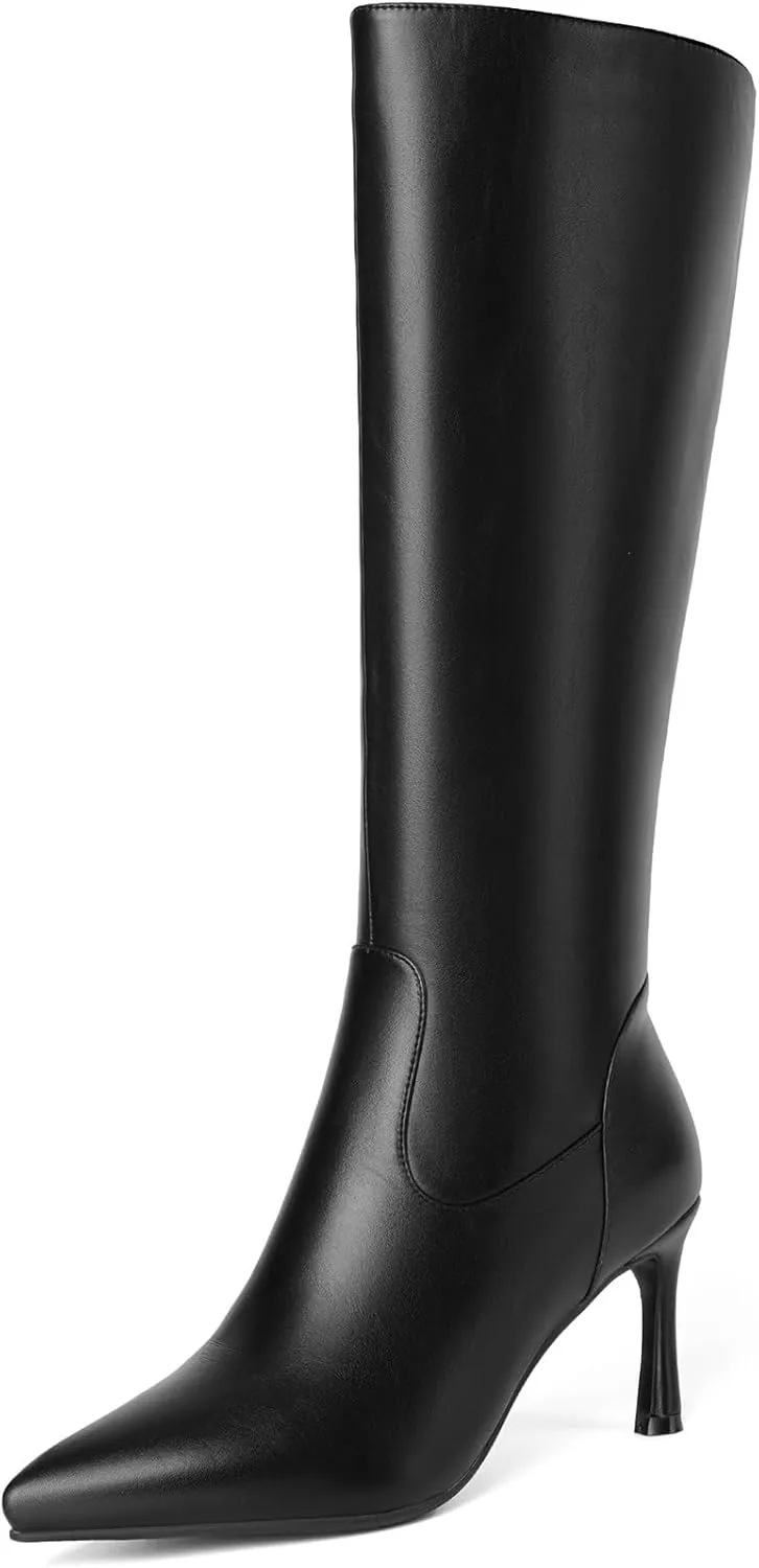 Women's Knee High Fashion Pointed Toe Tall Heel Boots, Side Zipper Dress Long Boots
