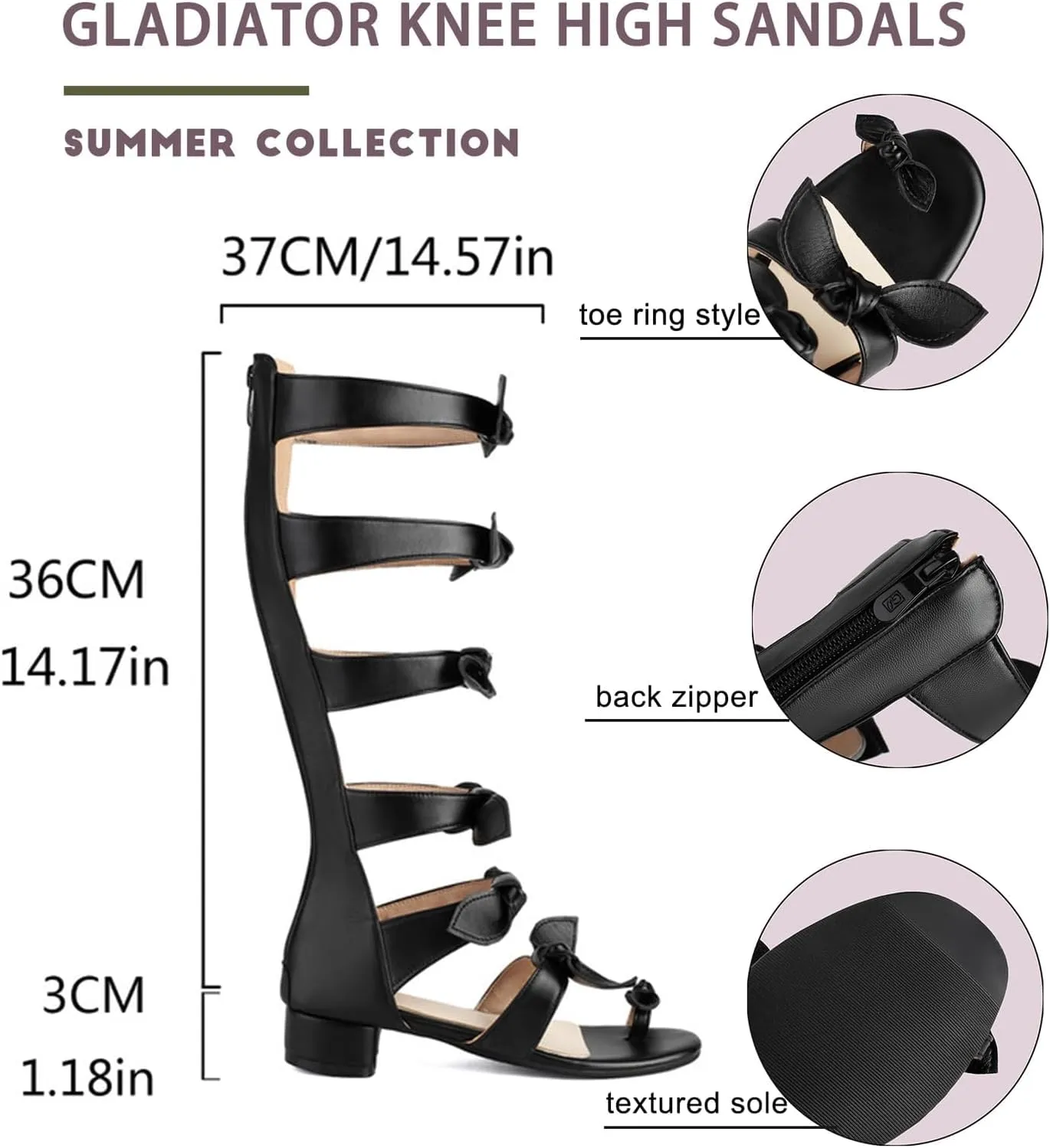 Womens Knee High Gladiator Sandals Bow Ring Toe Summer Dressy Boots Back Zipper Low Heel Sandals