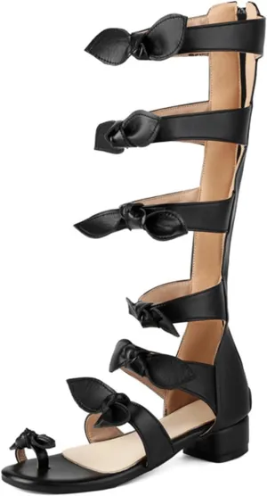 Womens Knee High Gladiator Sandals Bow Ring Toe Summer Dressy Boots Back Zipper Low Heel Sandals