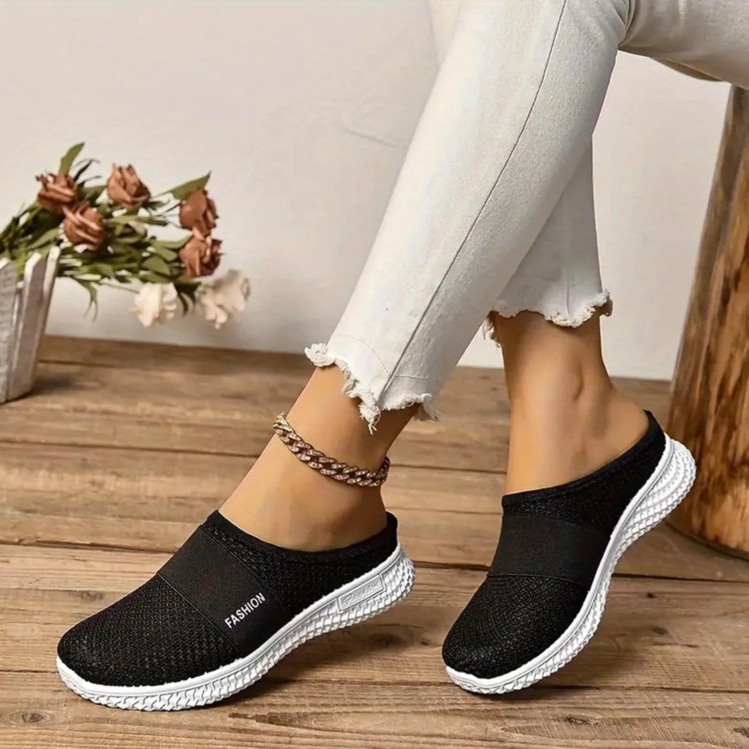 Women's Knitted Mesh Flat Mules Breathable Orthopedic Diabetic Shoes Comfort Backless Walking Sneakers Closed Toe Slip On Slides Soft Soles Non-Slip Mule Shoes with Arch-Support