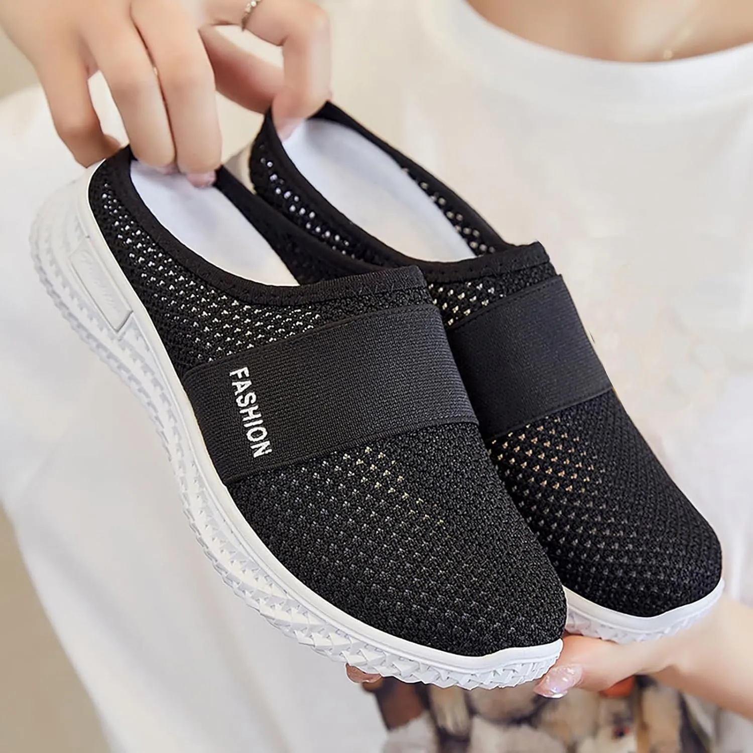 Women's Knitted Mesh Flat Mules Breathable Orthopedic Diabetic Shoes Comfort Backless Walking Sneakers Closed Toe Slip On Slides Soft Soles Non-Slip Mule Shoes with Arch-Support
