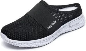 Women's Knitted Mesh Flat Mules Breathable Orthopedic Diabetic Shoes Comfort Backless Walking Sneakers Closed Toe Slip On Slides Soft Soles Non-Slip Mule Shoes with Arch-Support
