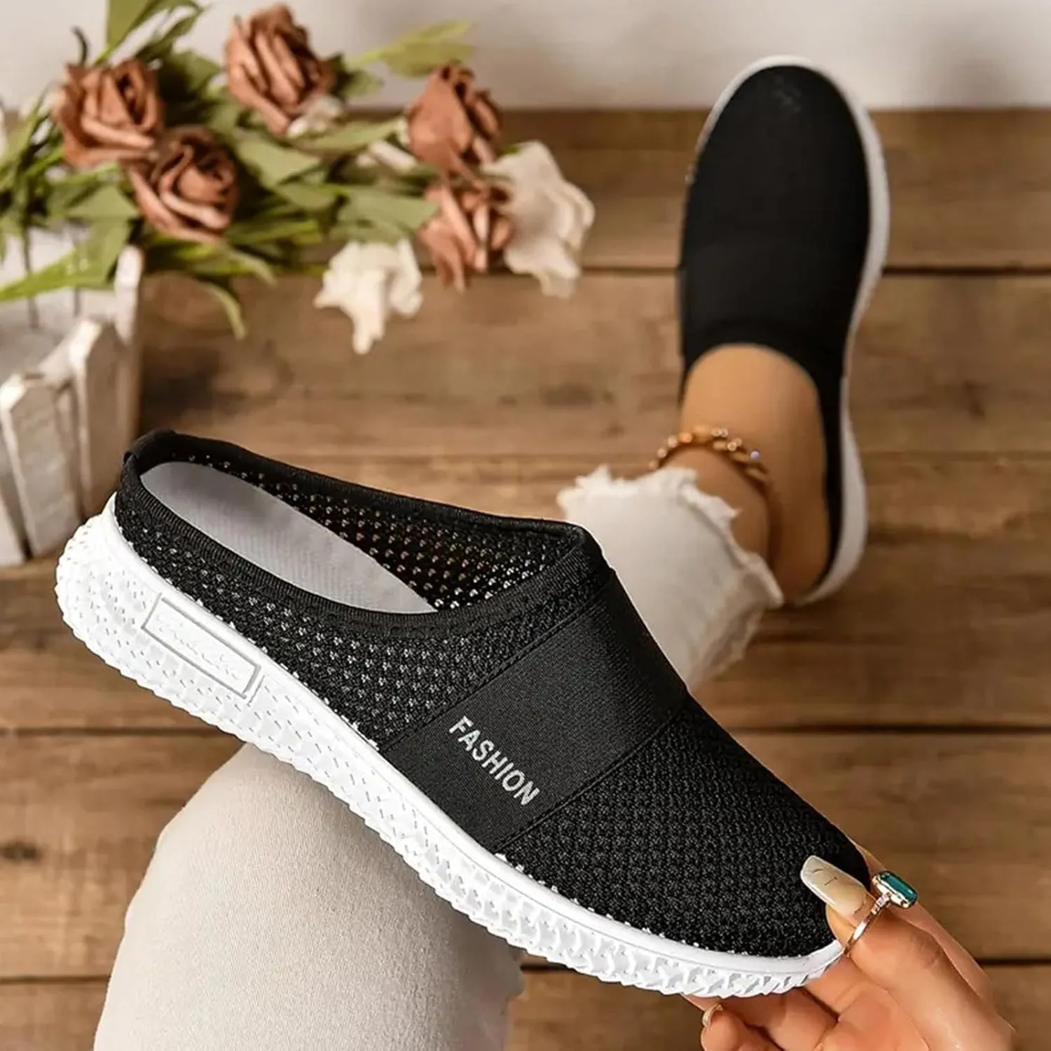 Women's Knitted Mesh Flat Mules Breathable Orthopedic Diabetic Shoes Comfort Backless Walking Sneakers Closed Toe Slip On Slides Soft Soles Non-Slip Mule Shoes with Arch-Support