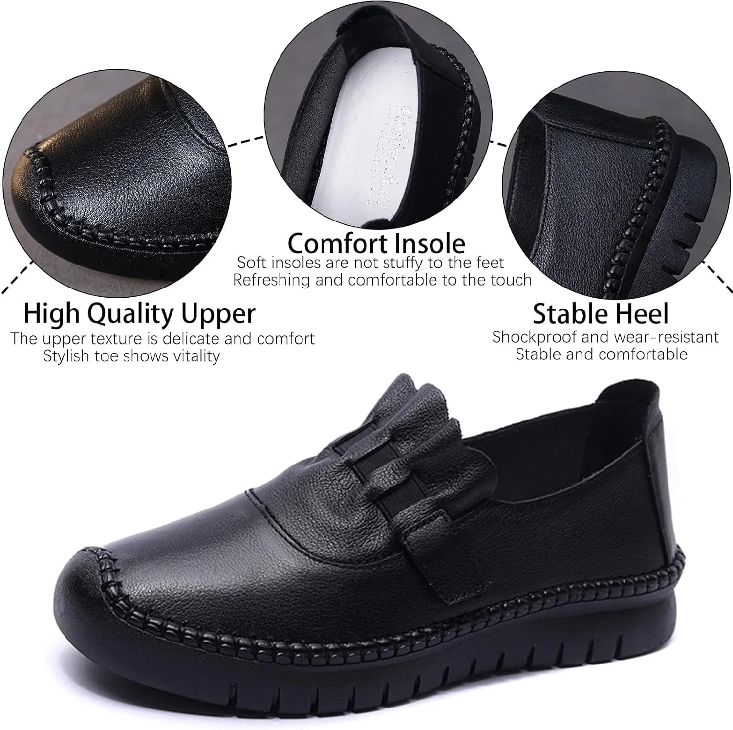 Women's Leather Breathable Soft Bottom Flat Shoes Comfortable Non-Slip Slip On Handmade Round Toe Casual Loafers for Walking Work
