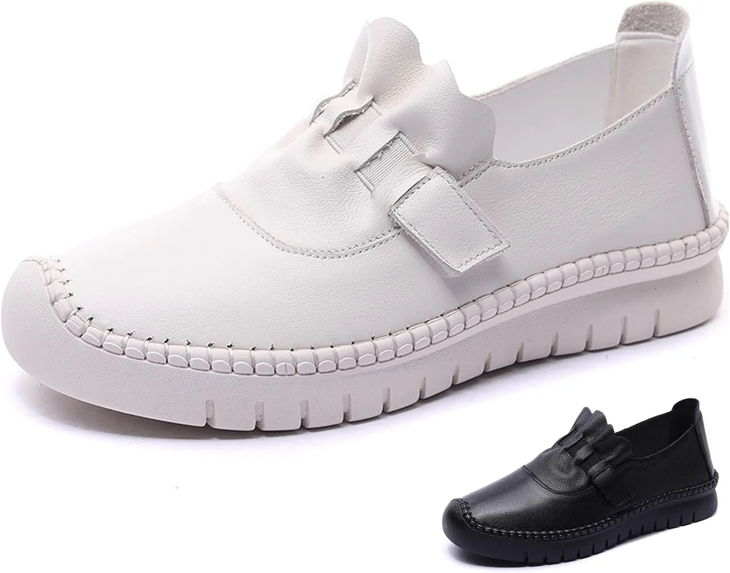 Women's Leather Breathable Soft Bottom Flat Shoes Comfortable Non-Slip Slip On Handmade Round Toe Casual Loafers for Walking Work