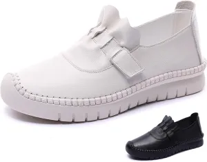 Women's Leather Breathable Soft Bottom Flat Shoes Comfortable Non-Slip Slip On Handmade Round Toe Casual Loafers for Walking Work