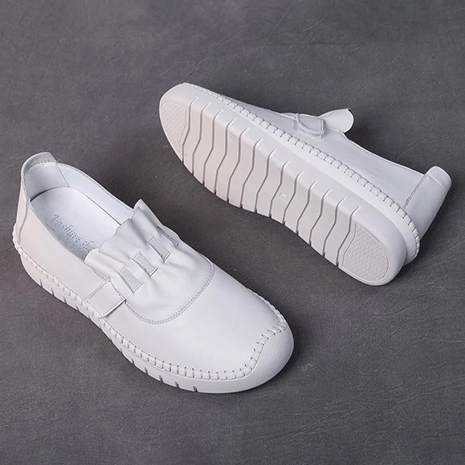 Women's Leather Breathable Soft Bottom Flat Shoes Comfortable Non-Slip Slip On Handmade Round Toe Casual Loafers for Walking Work