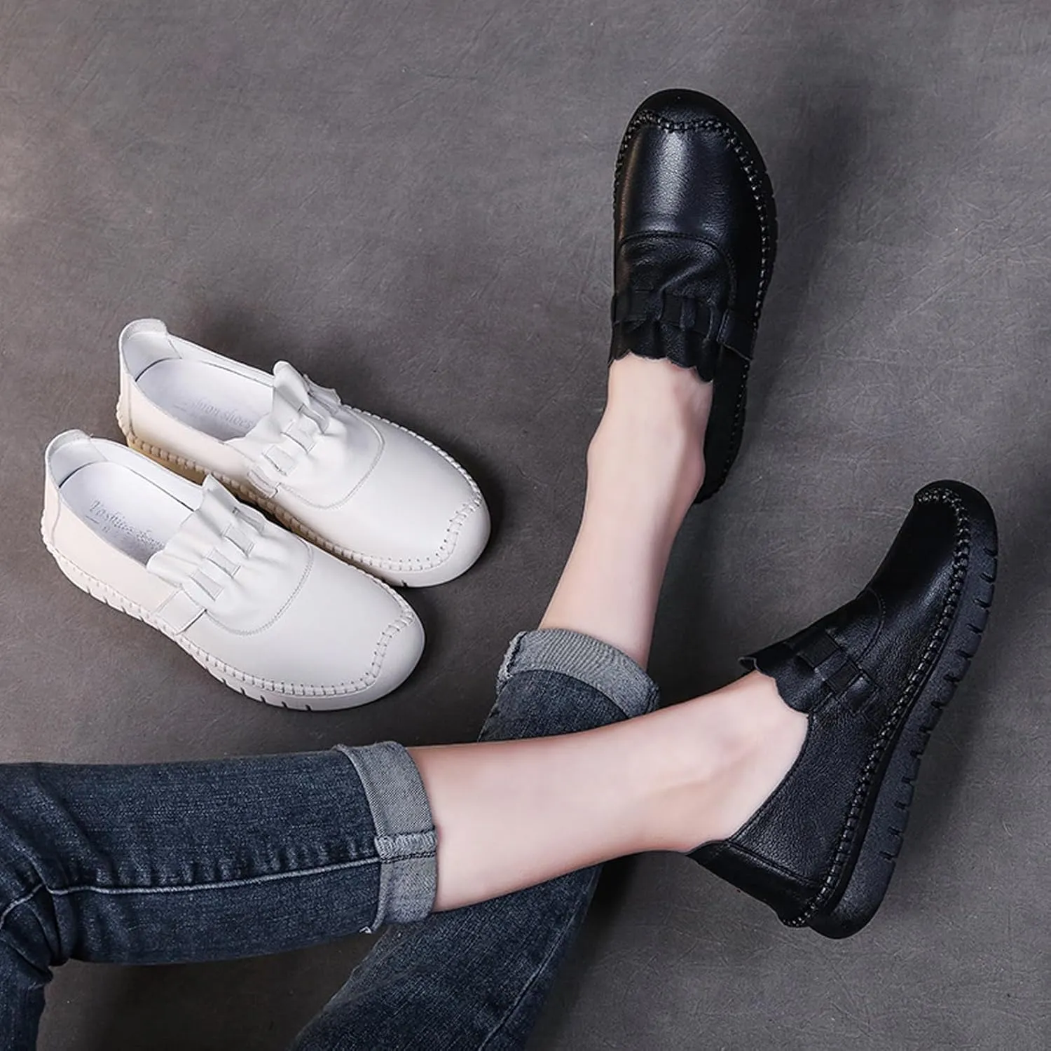 Women's Leather Breathable Soft Bottom Flat Shoes Comfortable Non-Slip Slip On Handmade Round Toe Casual Loafers for Walking Work