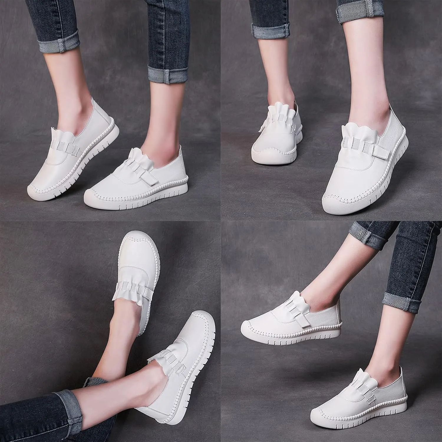 Women's Leather Breathable Soft Bottom Flat Shoes Comfortable Non-Slip Slip On Handmade Round Toe Casual Loafers for Walking Work