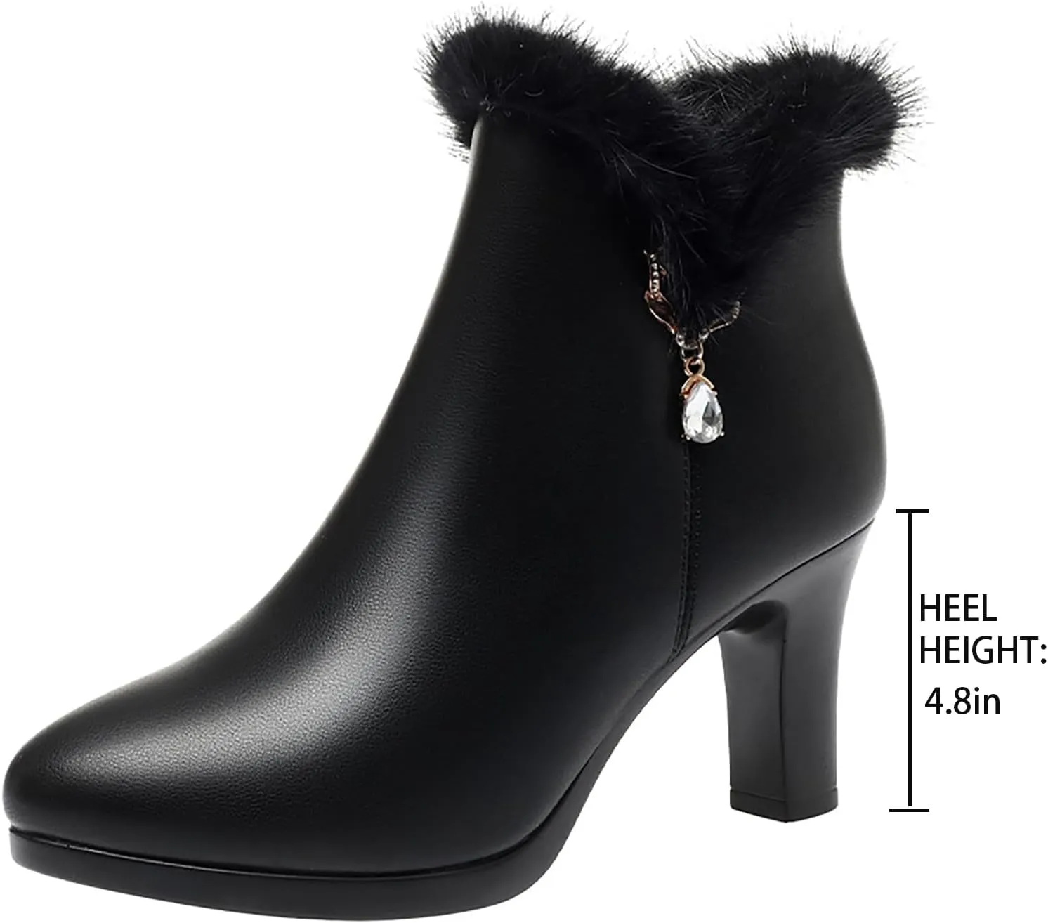Women'S Leather Chunky High Heels Ankle Booties Sparkling Rhinestones Warm Fully Fur Lined Side Zipper High Heels Snow Boot