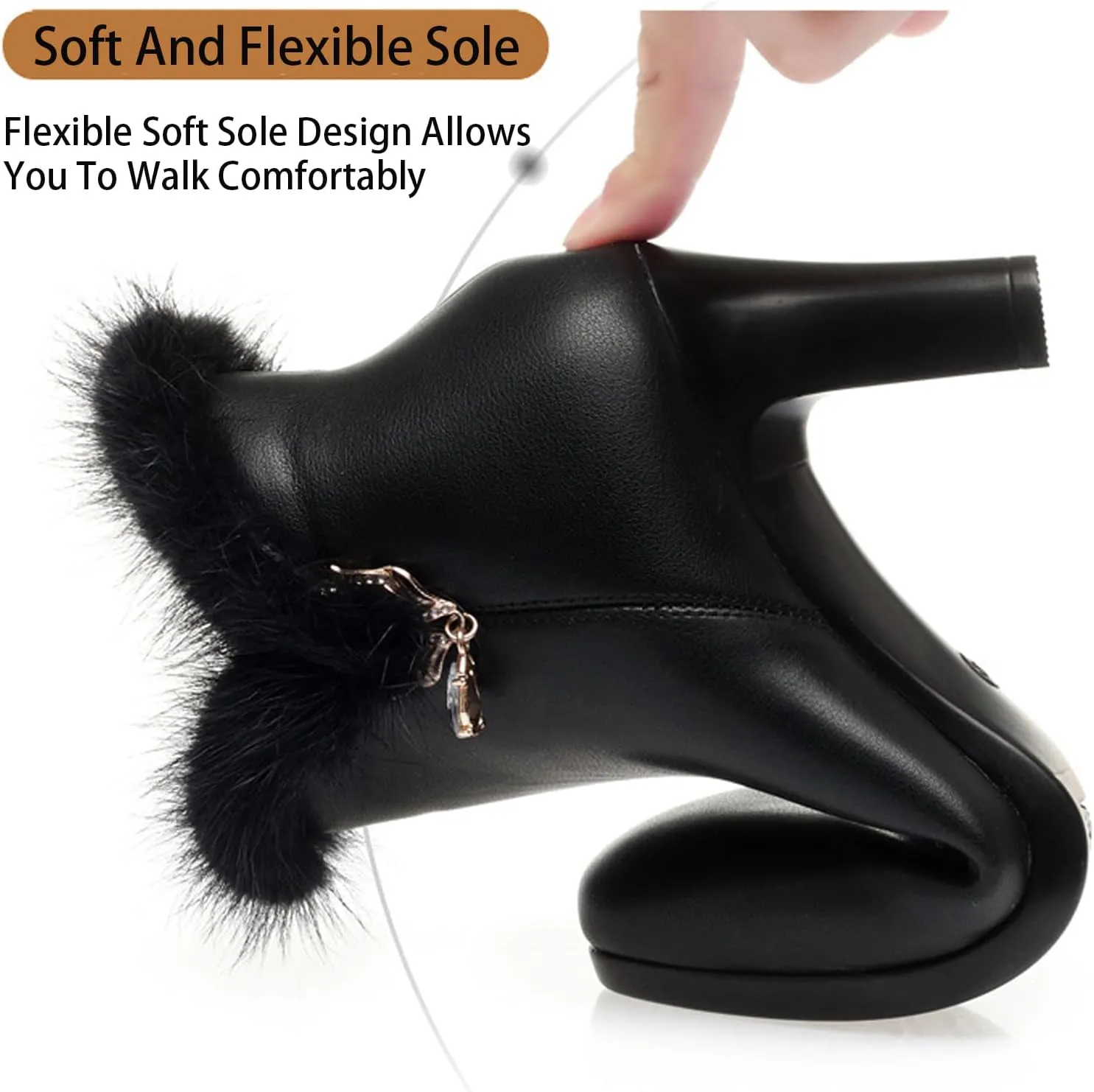 Women'S Leather Chunky High Heels Ankle Booties Sparkling Rhinestones Warm Fully Fur Lined Side Zipper High Heels Snow Boot