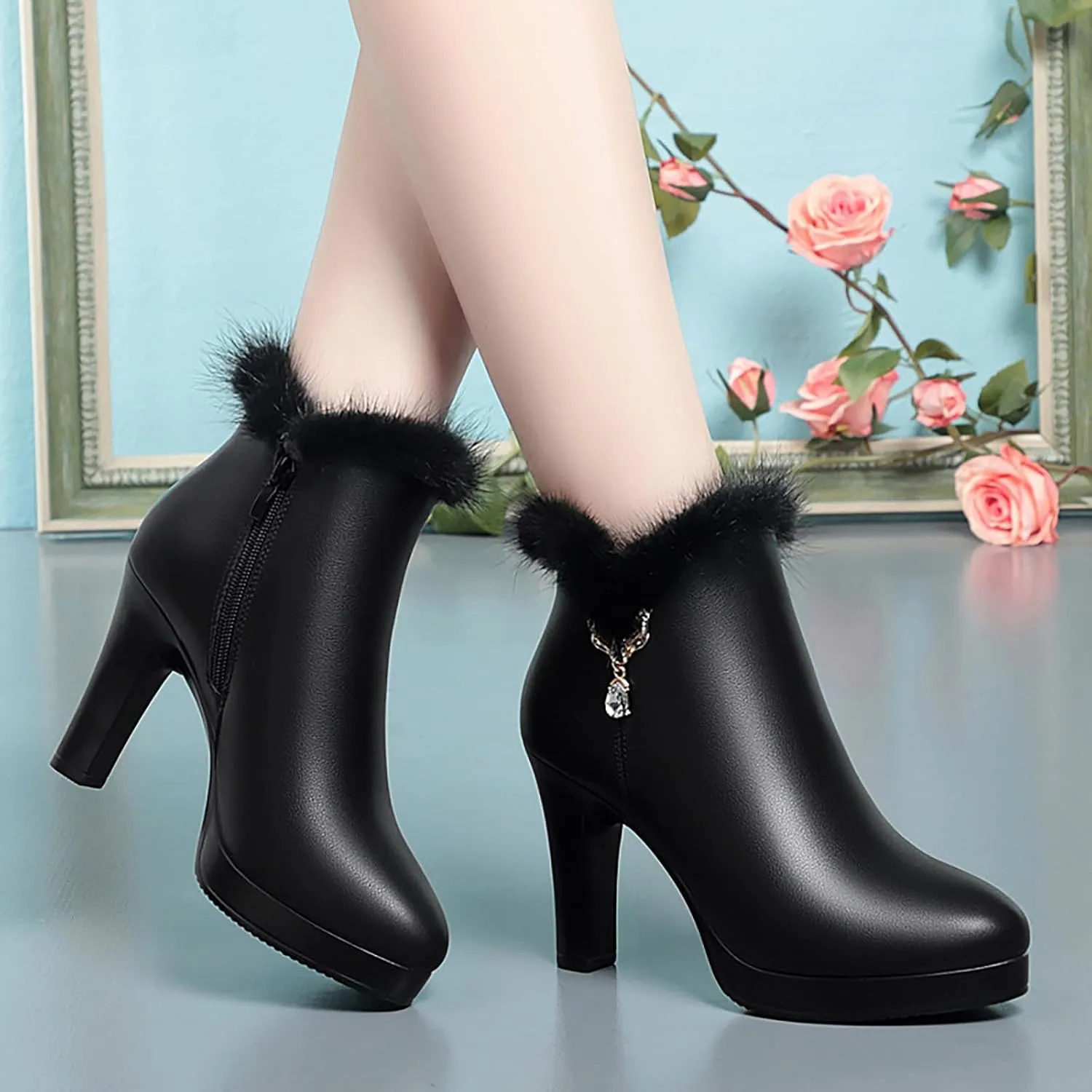 Women'S Leather Chunky High Heels Ankle Booties Sparkling Rhinestones Warm Fully Fur Lined Side Zipper High Heels Snow Boot