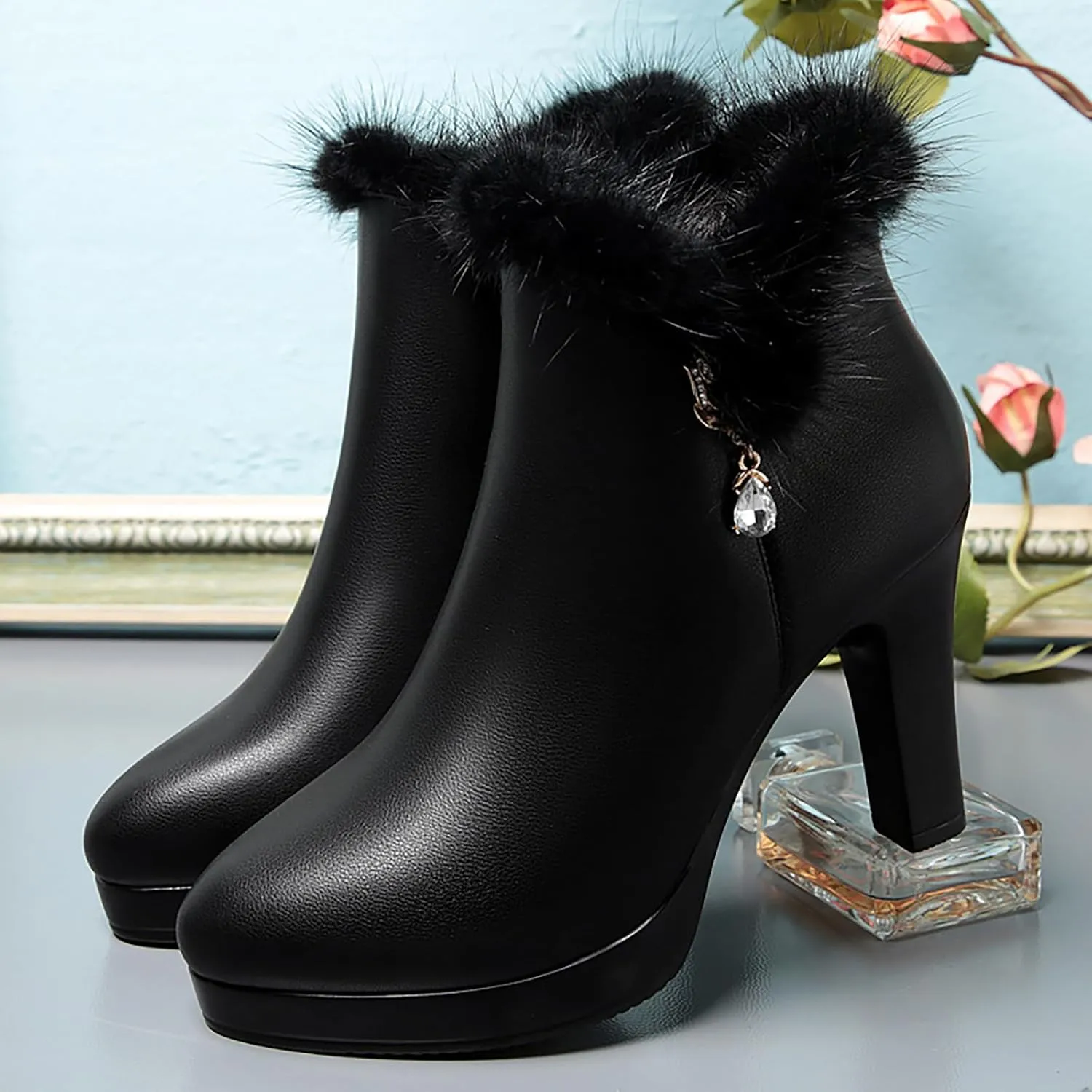Women'S Leather Chunky High Heels Ankle Booties Sparkling Rhinestones Warm Fully Fur Lined Side Zipper High Heels Snow Boot