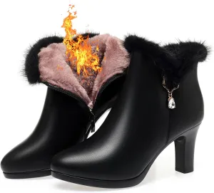 Women'S Leather Chunky High Heels Ankle Booties Sparkling Rhinestones Warm Fully Fur Lined Side Zipper High Heels Snow Boot