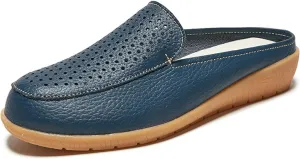 Womens Leather Hollow Slip-On Lightweight Flat Mules Closed Round Toe Comfortable Soft Non-Slip Backless Casual Penny Shoes for Daily Walking Outdoor
