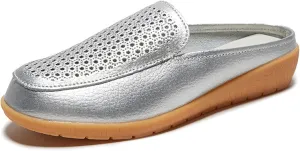 Womens Leather Hollow Slip-On Lightweight Flat Mules Closed Round Toe Comfortable Soft Non-Slip Backless Casual Penny Shoes for Daily Walking Outdoor